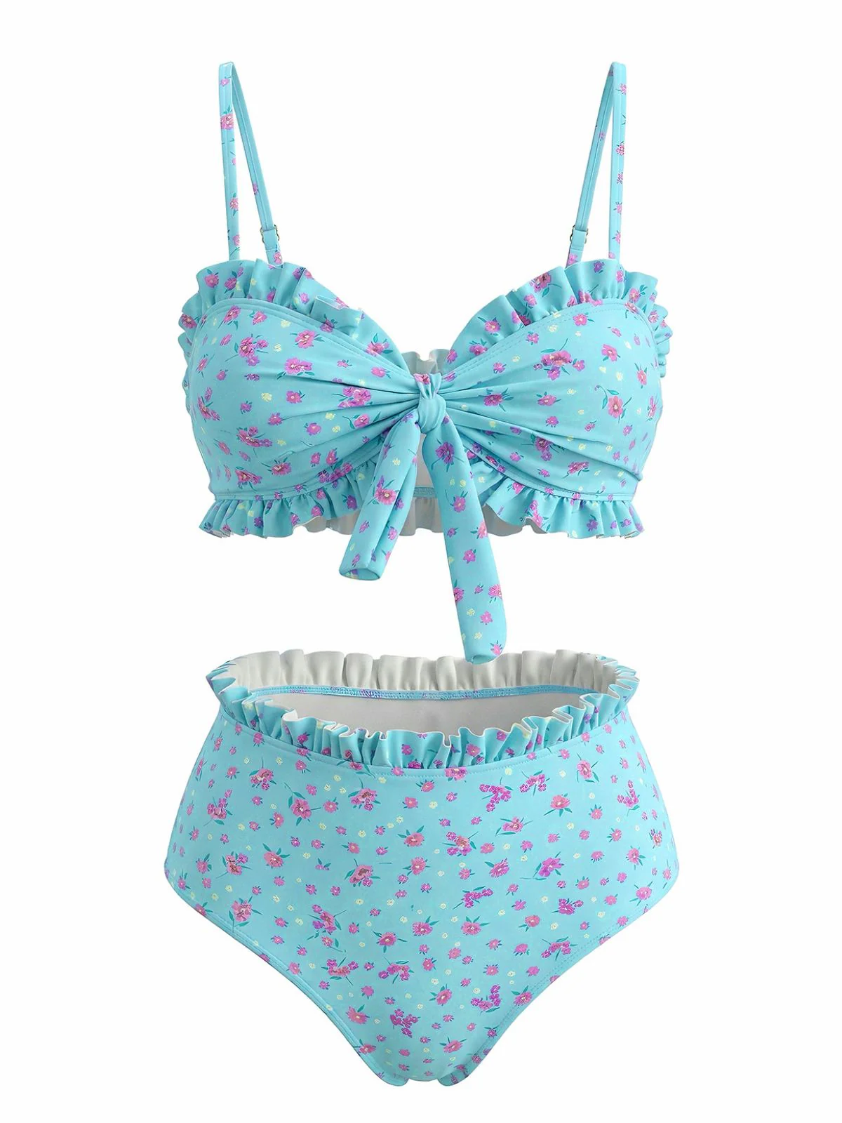 Turquoise 1950s Floral Ruffle Tie-Front High-Waist Bikini Set - Image 2