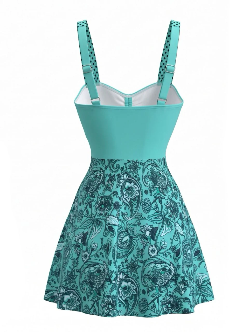 Turquoise 1980s Paisley Ruched Bust Polka Strap Swim Dress - Image 2