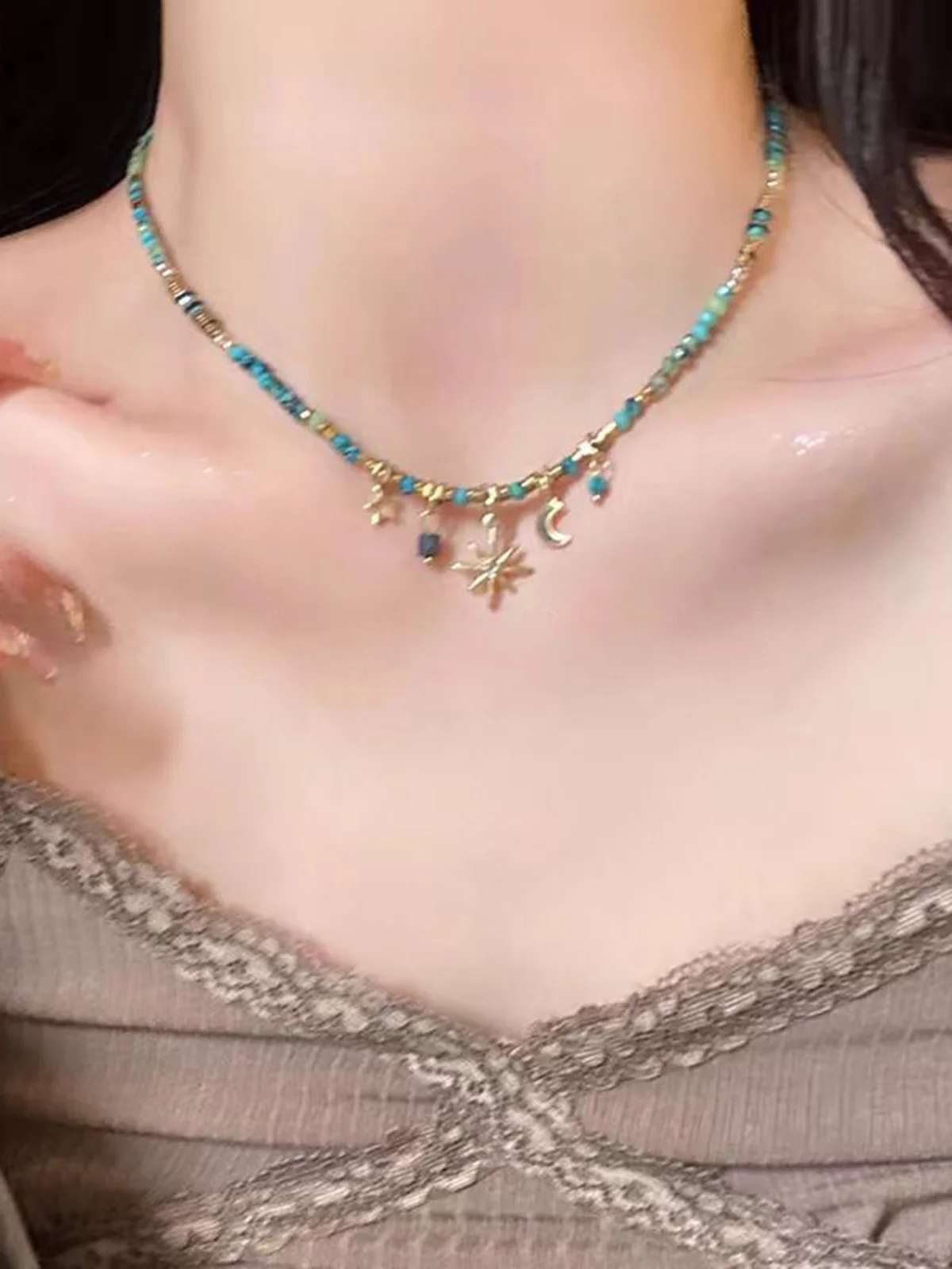 Turquoise Beaded Boho Star Moon Sun Pendant Necklace