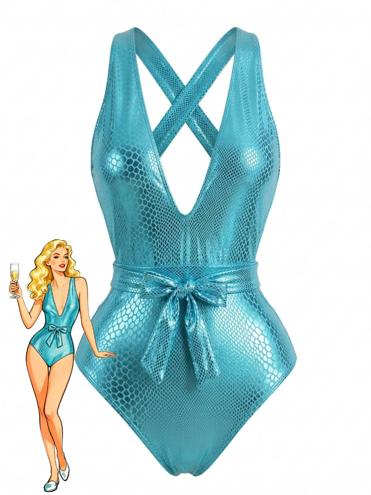 Turquoise Y2K Mermaid Scale Bow Metallic One-Piece Swimsuit