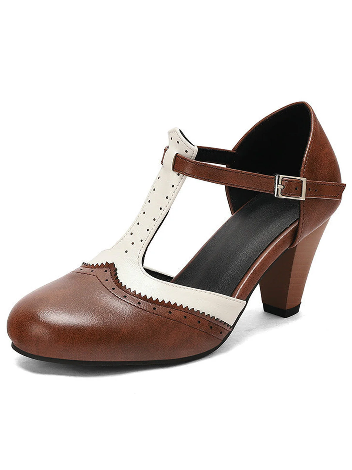 Two-Tone T-Strap Mary Jane Block Heel Pumps