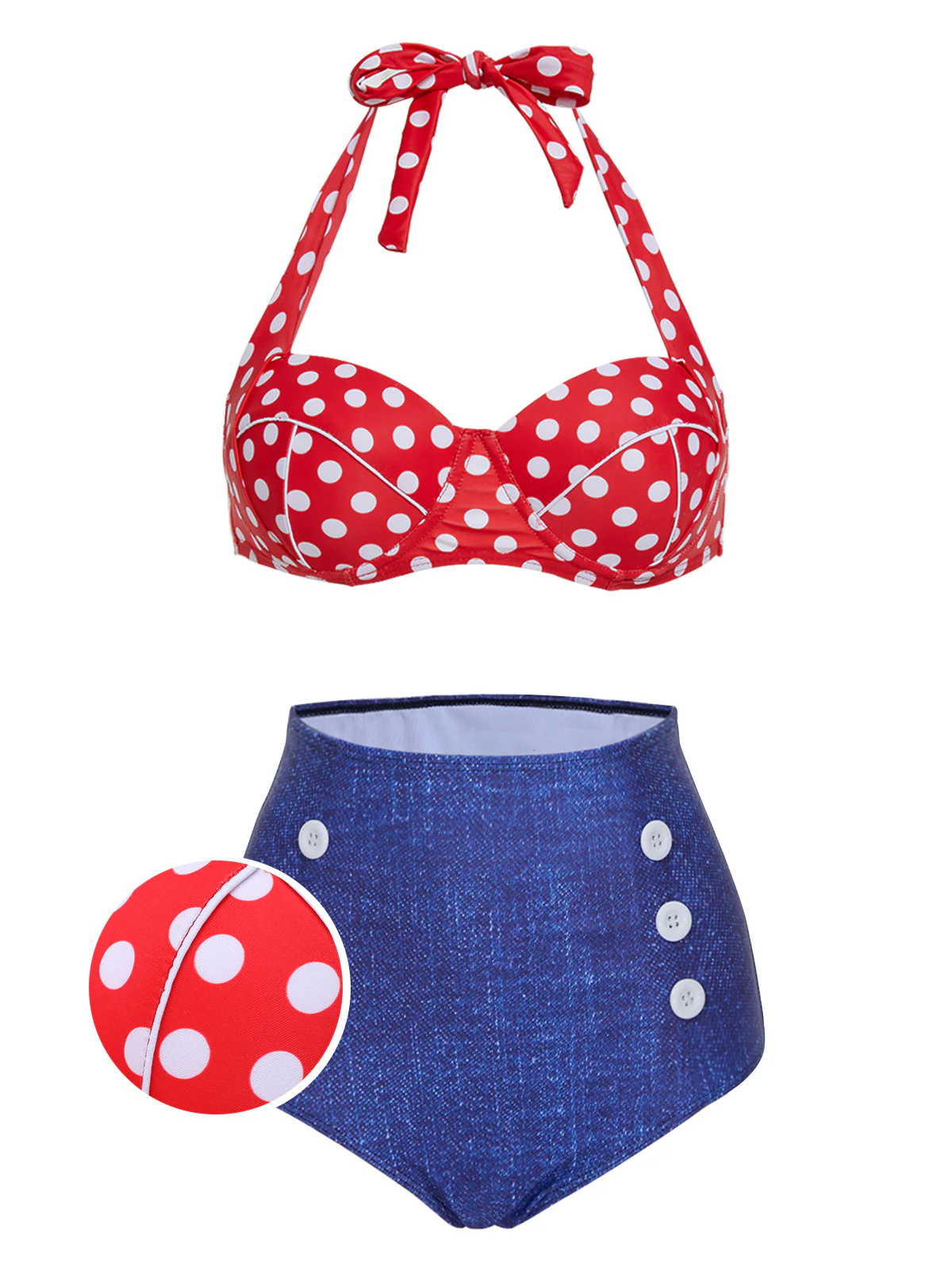 [US Warehouse] 1950s Retro Polka Dot Halter Bikini Swimsuit