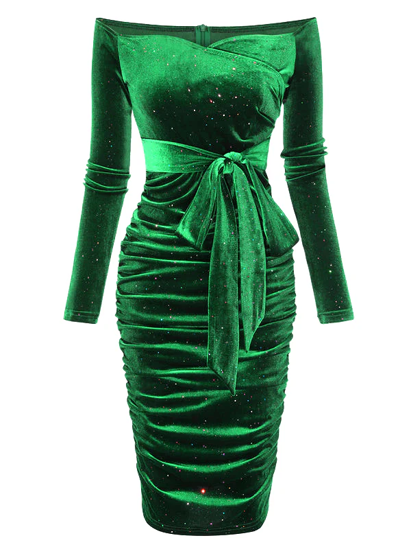 [US WAREHOUSE] 1960s Solid Off-Shoulder Velvet Dress
