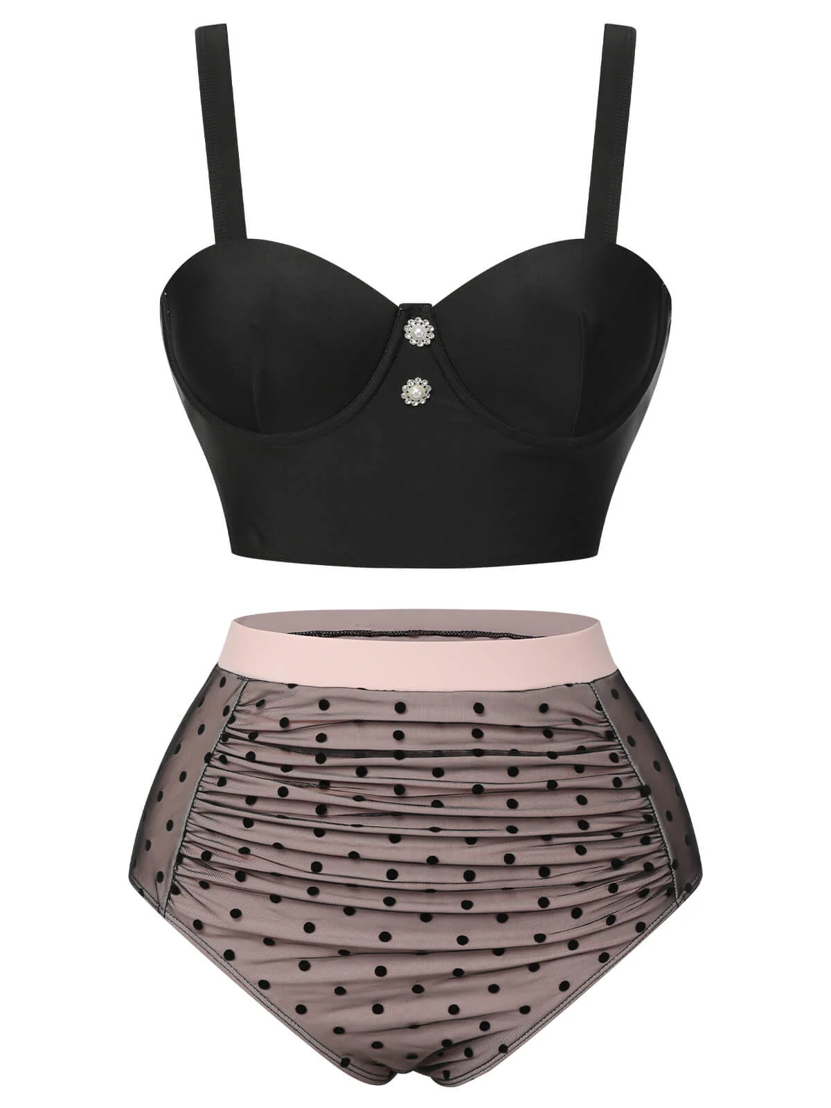 [US Warehouse] Black 1960s Polka Dots Mesh Swimsuit - Image 2