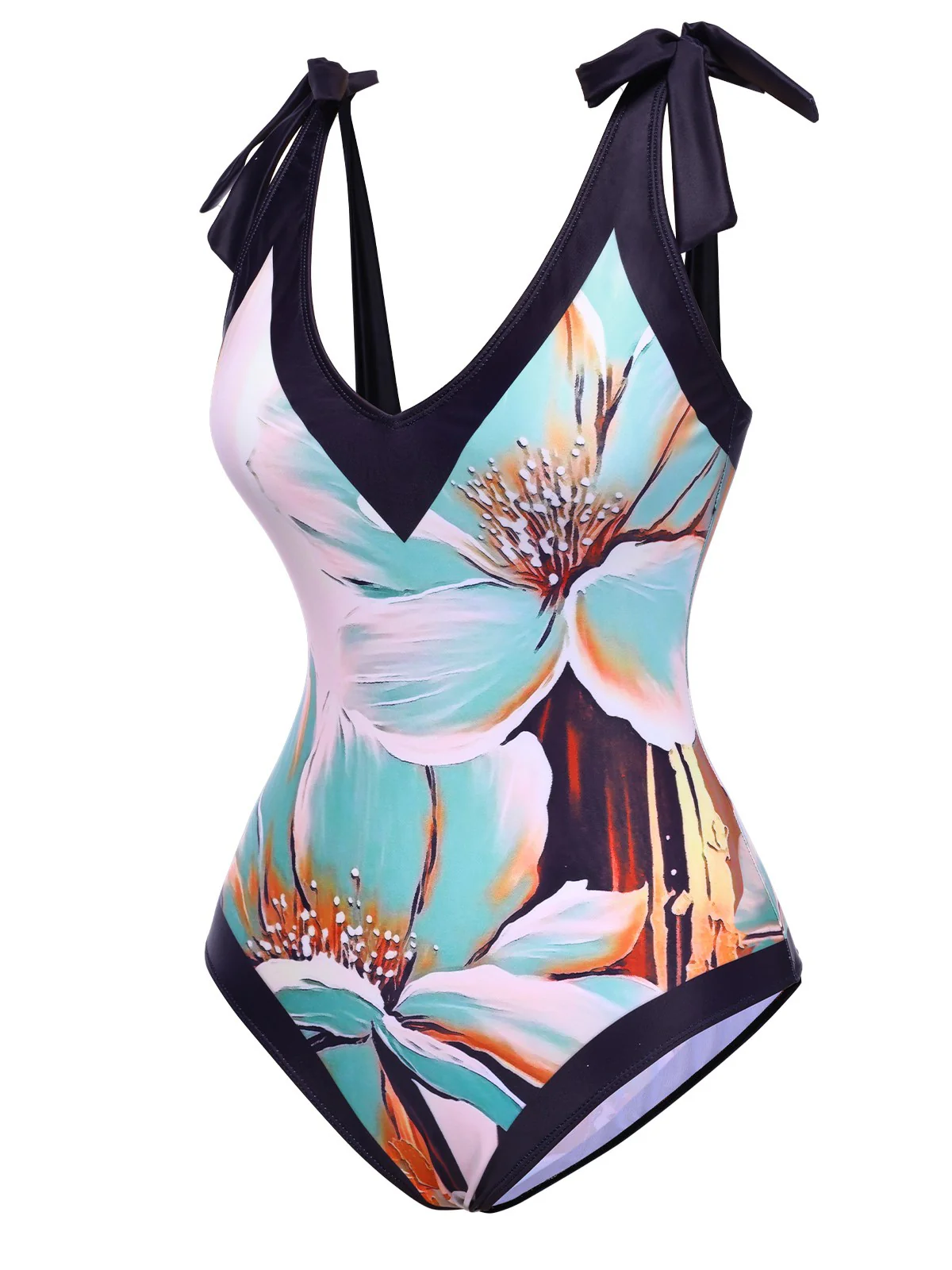 Blue 1950s Floral Patchwork Shoulder Tie Swimsuit - Image 2