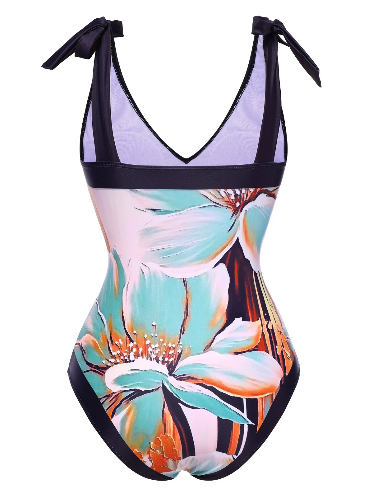 Blue 1950s Floral Patchwork Shoulder Tie Swimsuit - Image 3