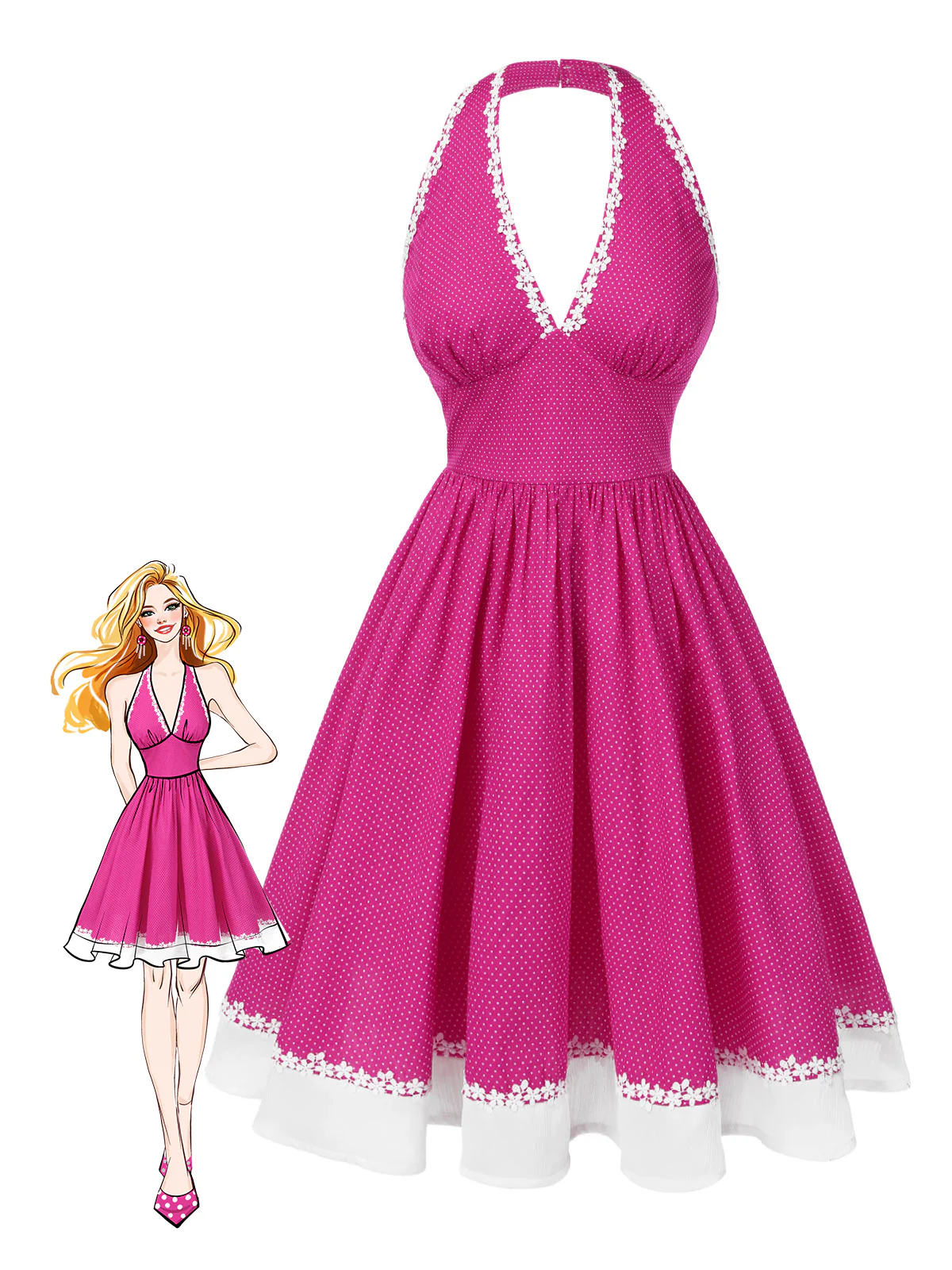 [US Warehouse] Pink 1950s Polka Dots Halter Cotton Dress - Image 2