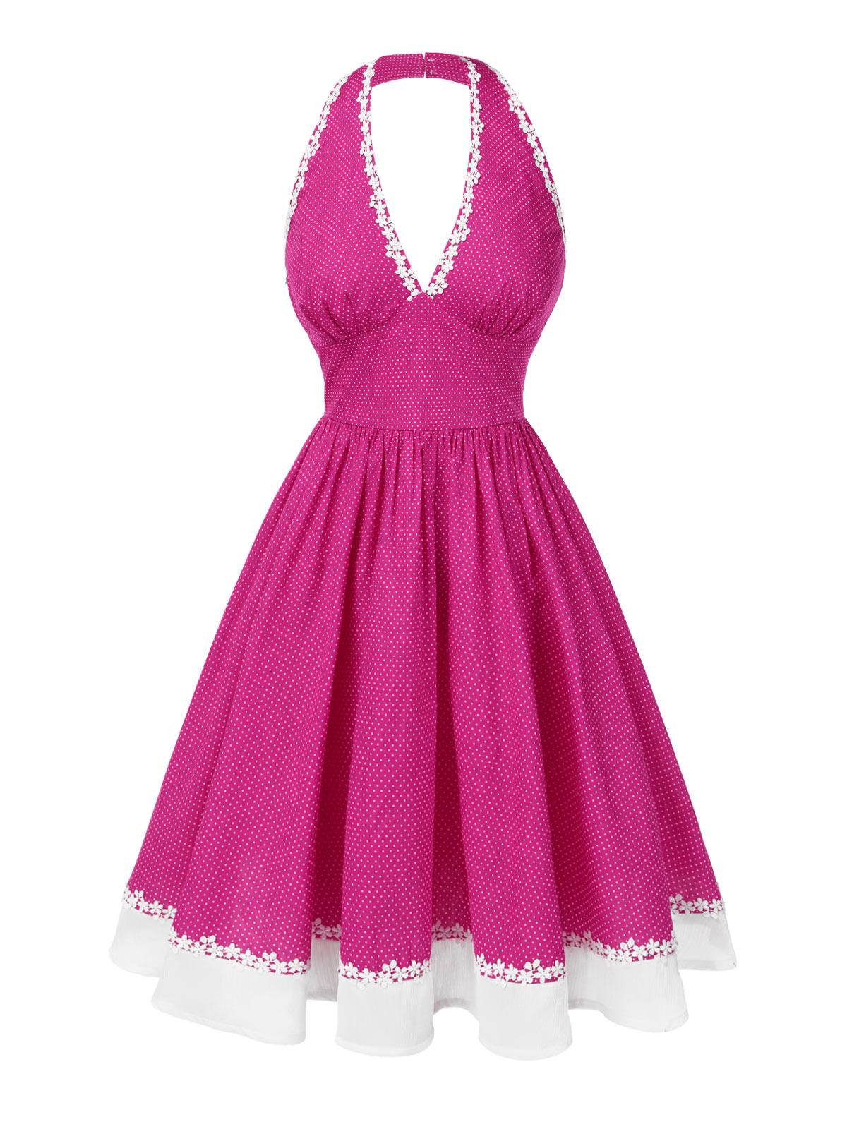 [US Warehouse] Pink 1950s Polka Dots Halter Cotton Dress - Image 4