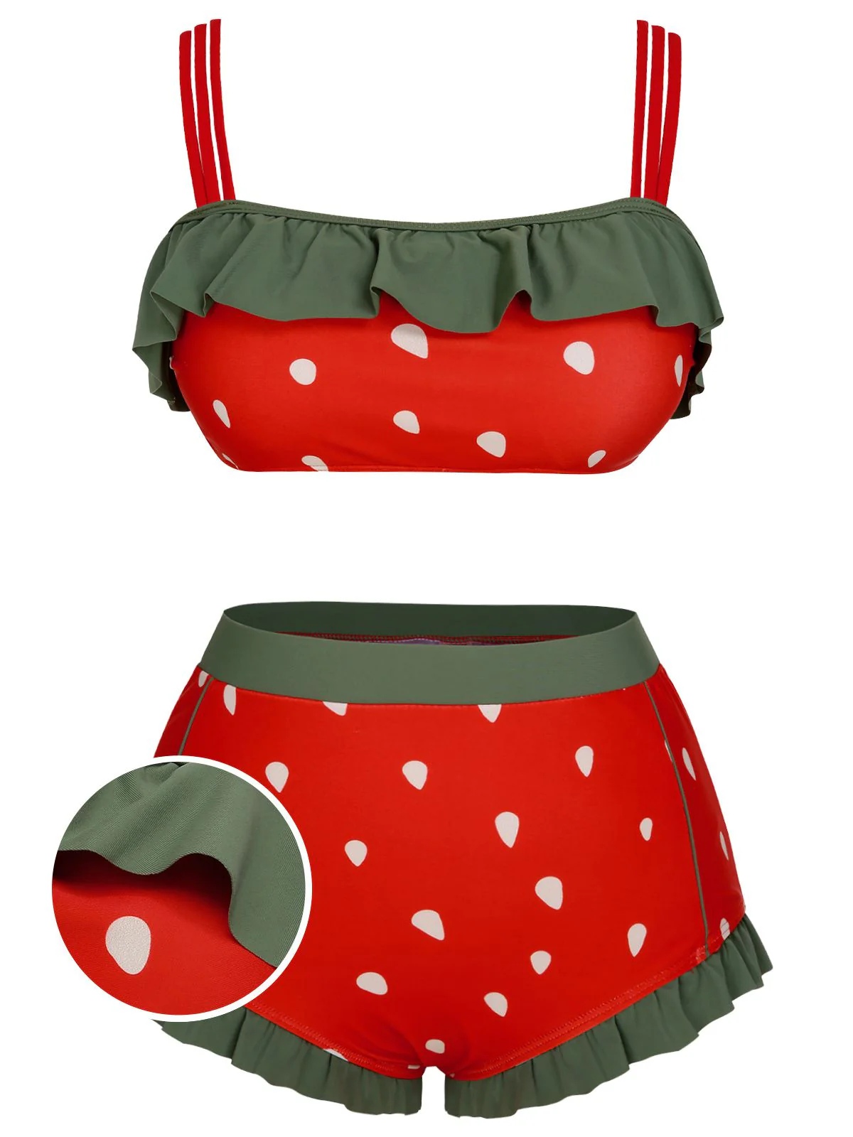 [US Warehouse] [Plus Size] Red 1950s Strawberry Ruffle Strap Swimsuit