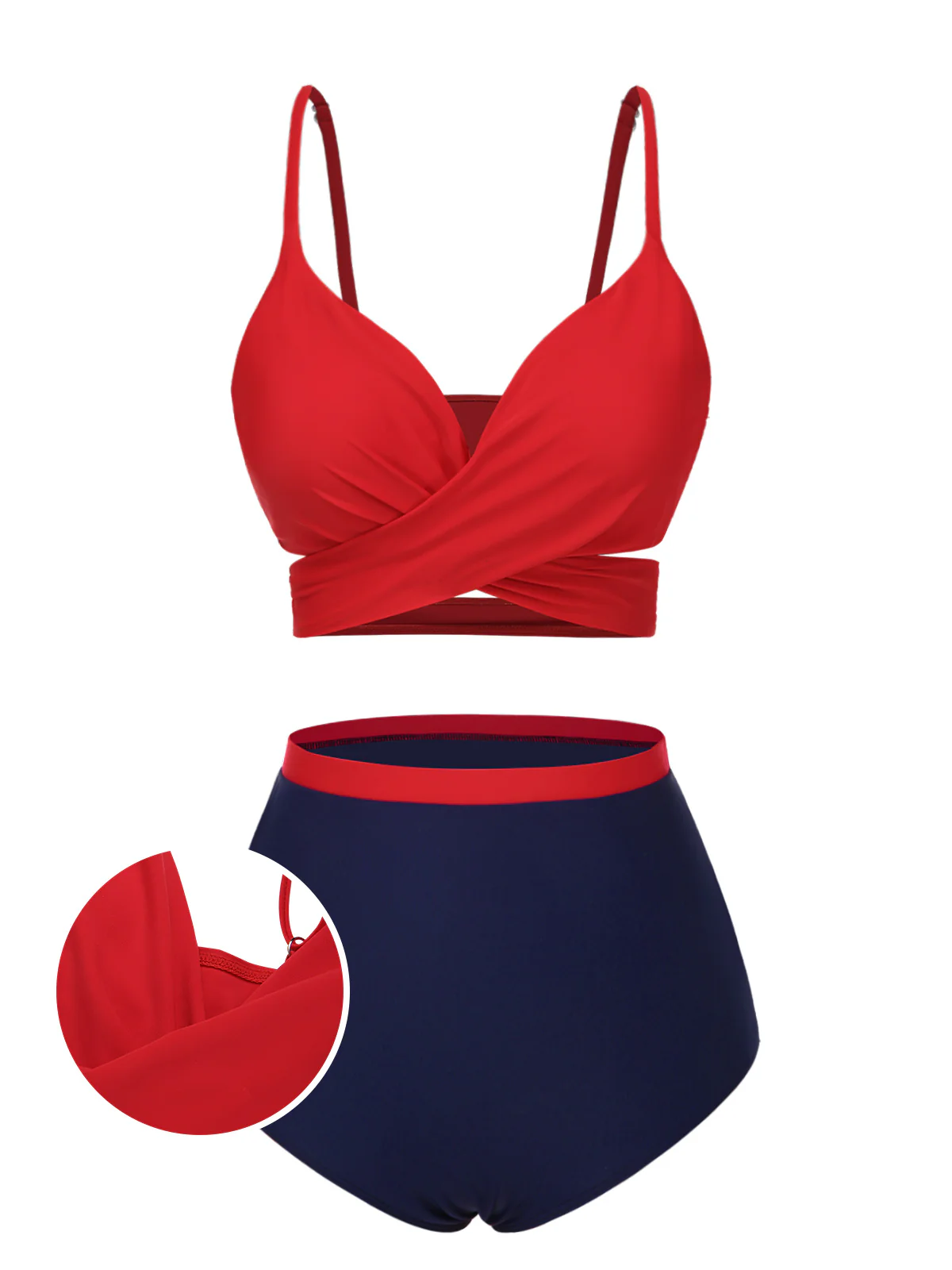 [US Warehouse] Red 1930s Spaghetti Strap Color Block Swimsuit - Image 2