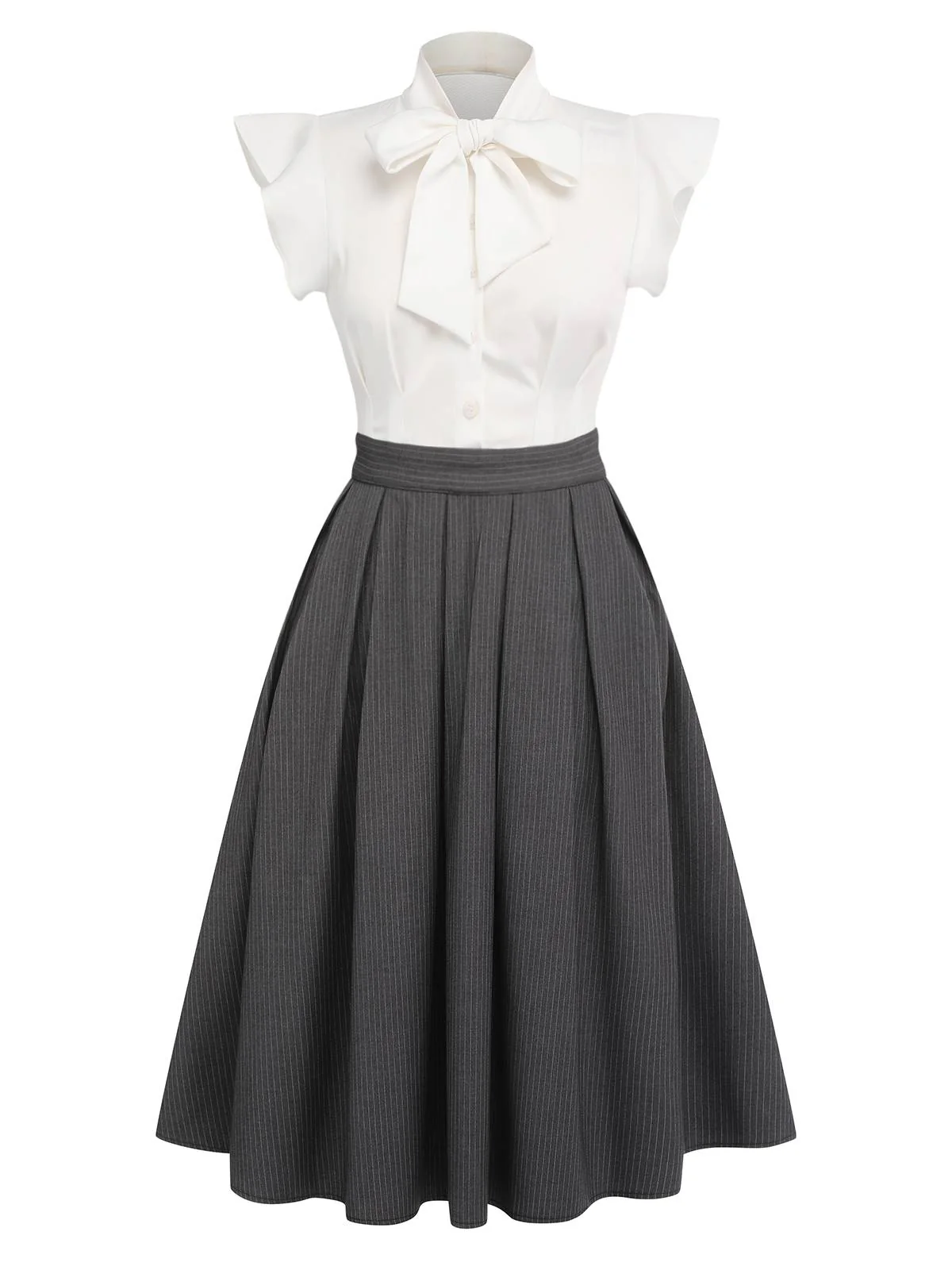 [Pre-Sale] White & Gray 1950s Lace-Up Swing Dress - Image 3