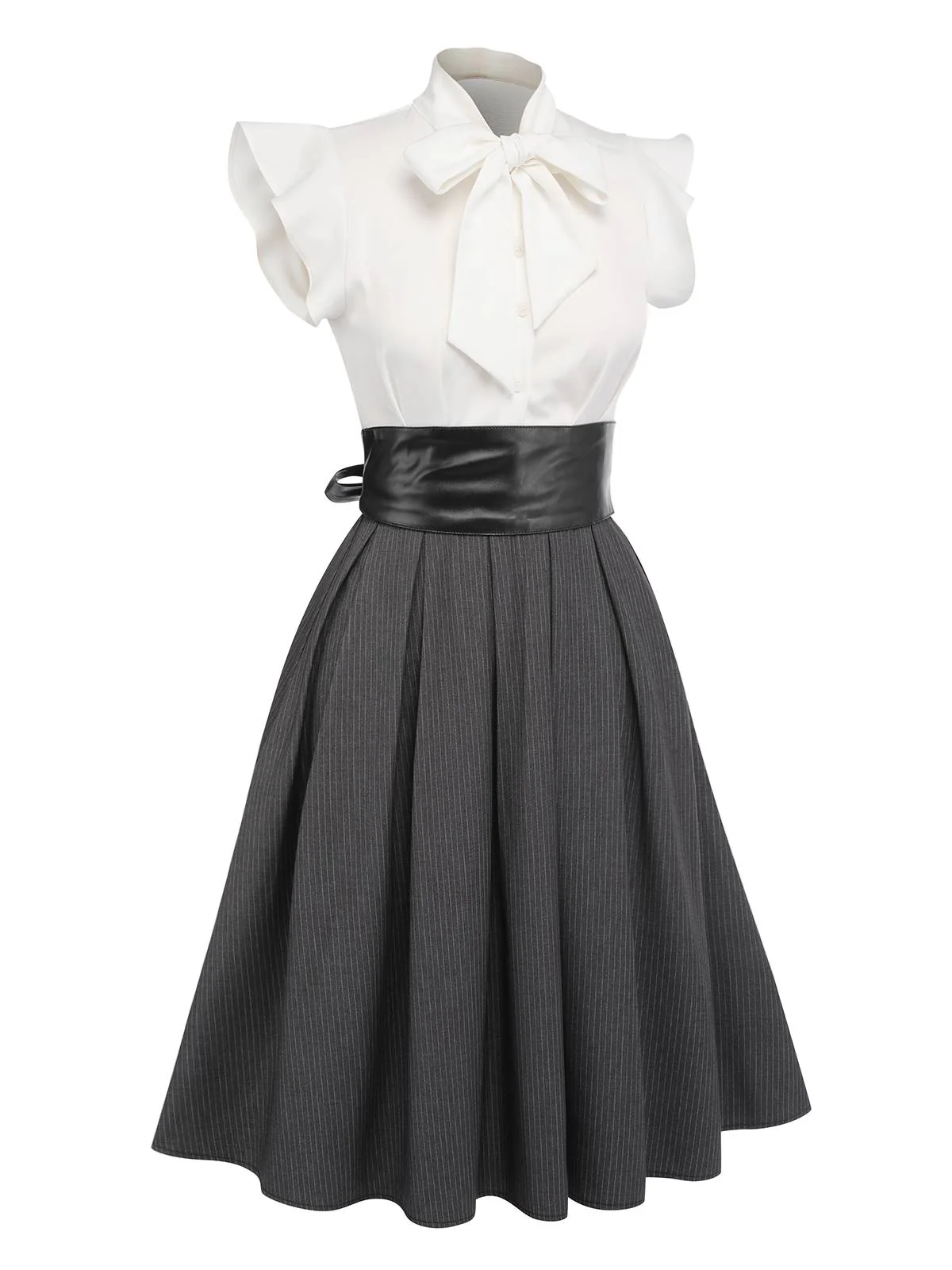 [Pre-Sale] White & Gray 1950s Lace-Up Swing Dress - Image 4