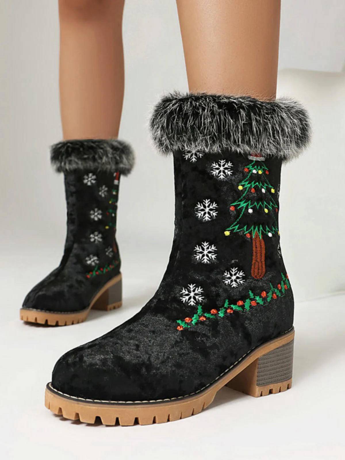 Vintage Christmas Tree Snowflake Plush Chunky Heel Boots - Image 15