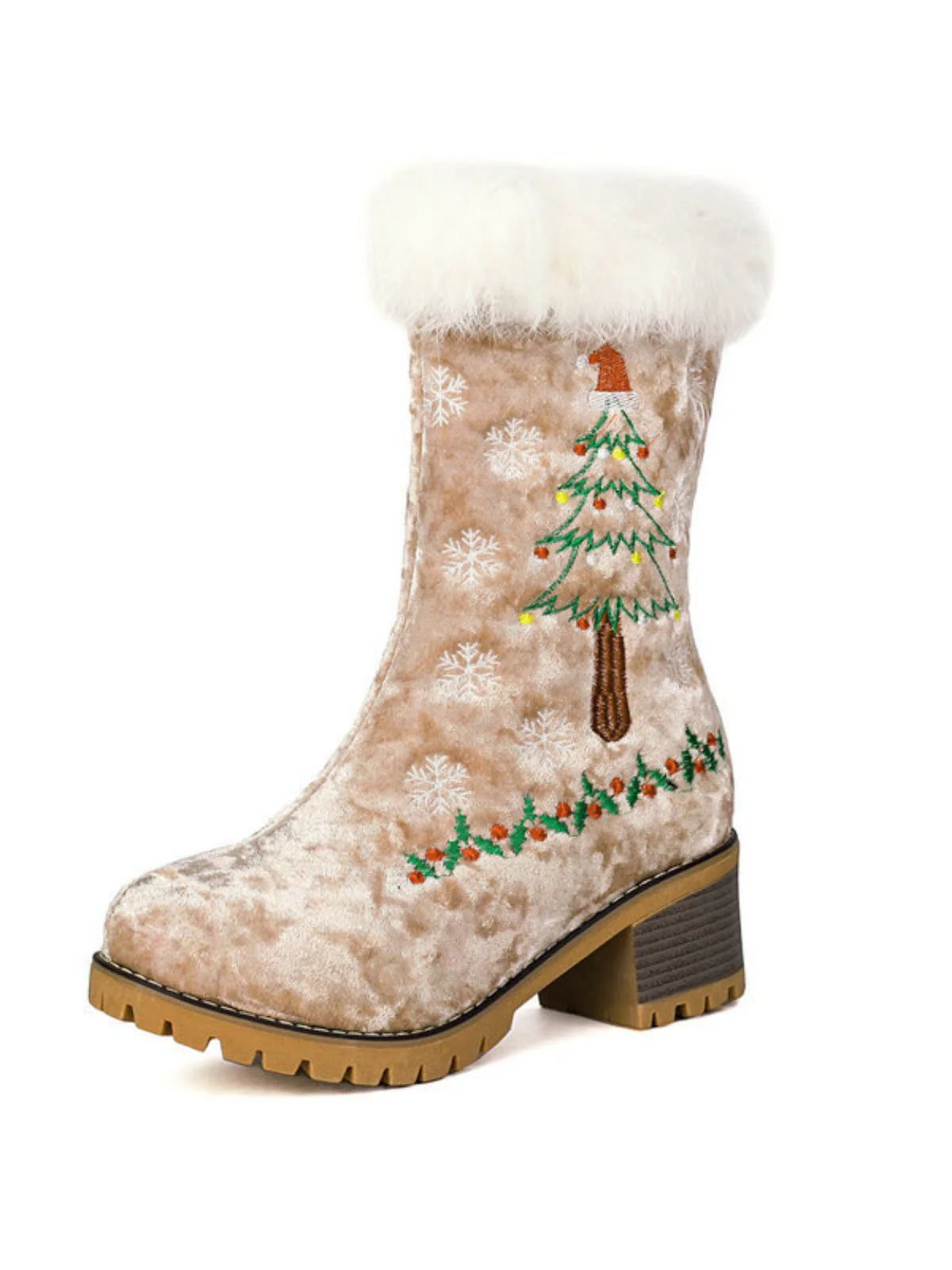 Vintage Christmas Tree Snowflake Plush Chunky Heel Boots - Image 2
