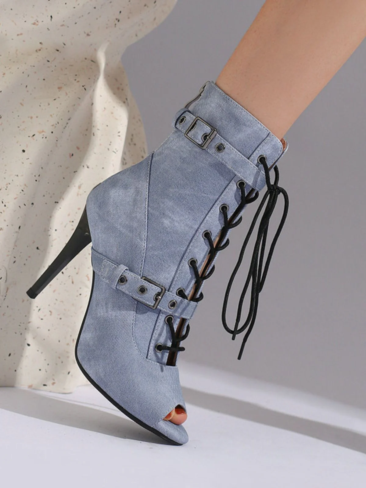 Vintage Denim Peep Toe Stiletto Heel Shoes - Image 29