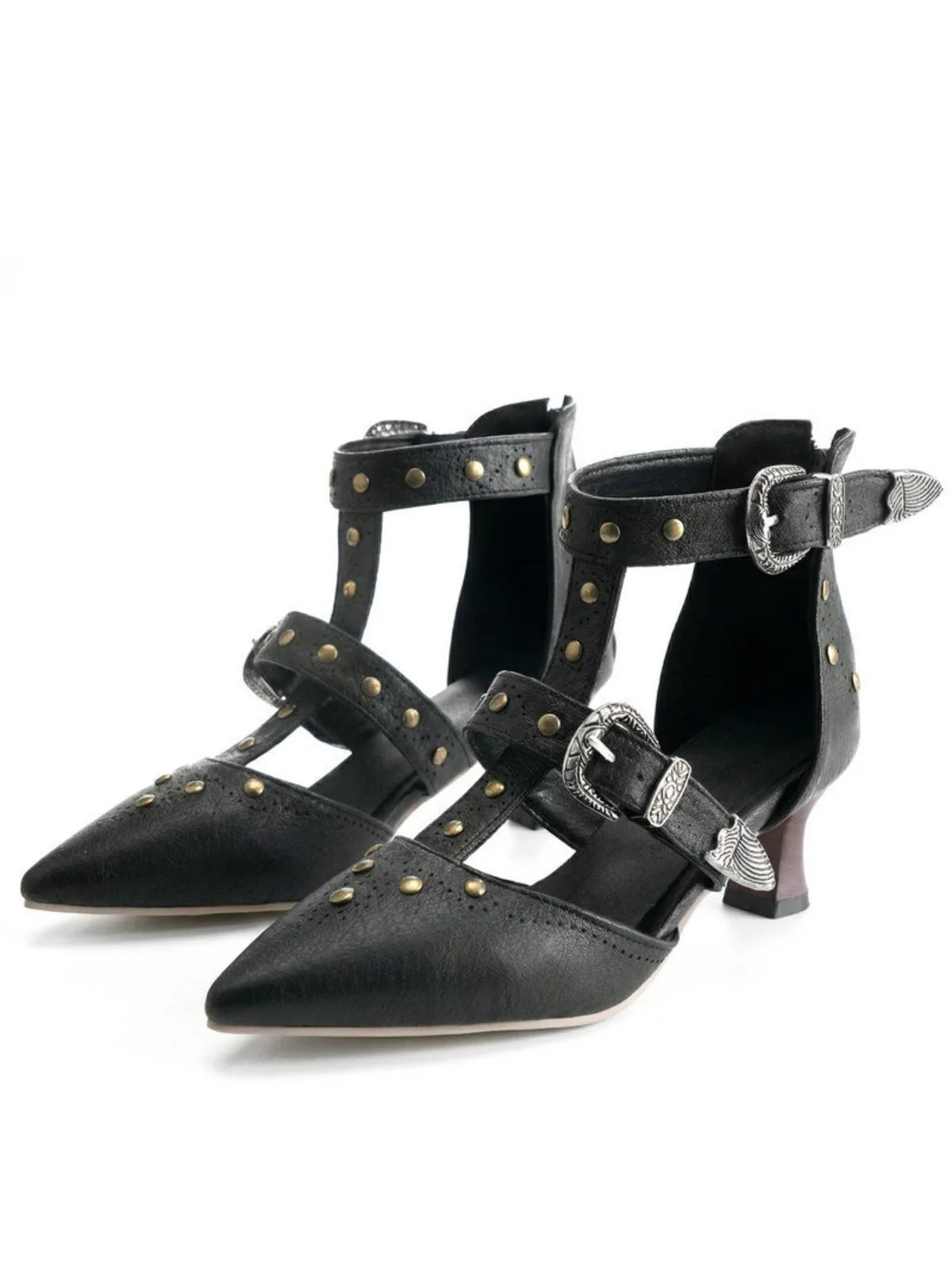 Vintage Faux Leather Pointed Toe Studded Sandals
