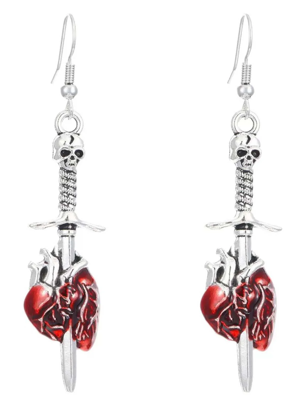 Vintage Halloween Skull Sword Heart Earrings