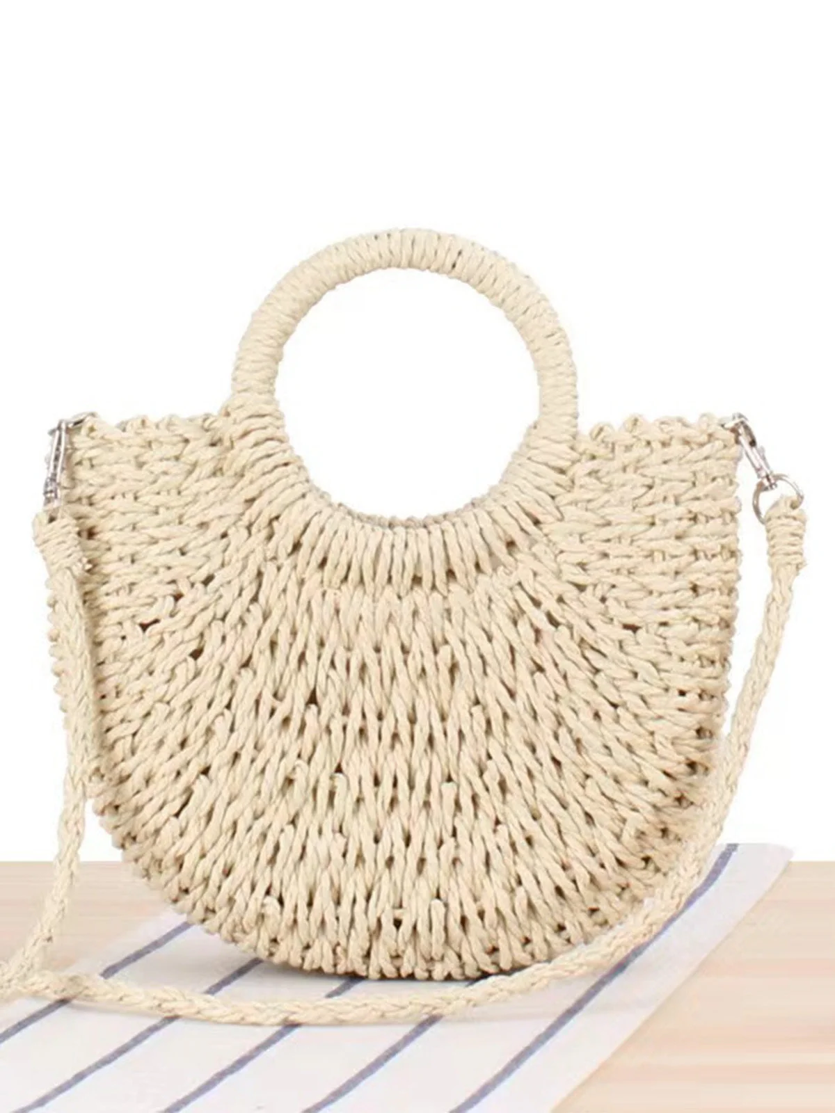Vintage Handmade Woven Moon Shape Crossbody Beach Bag