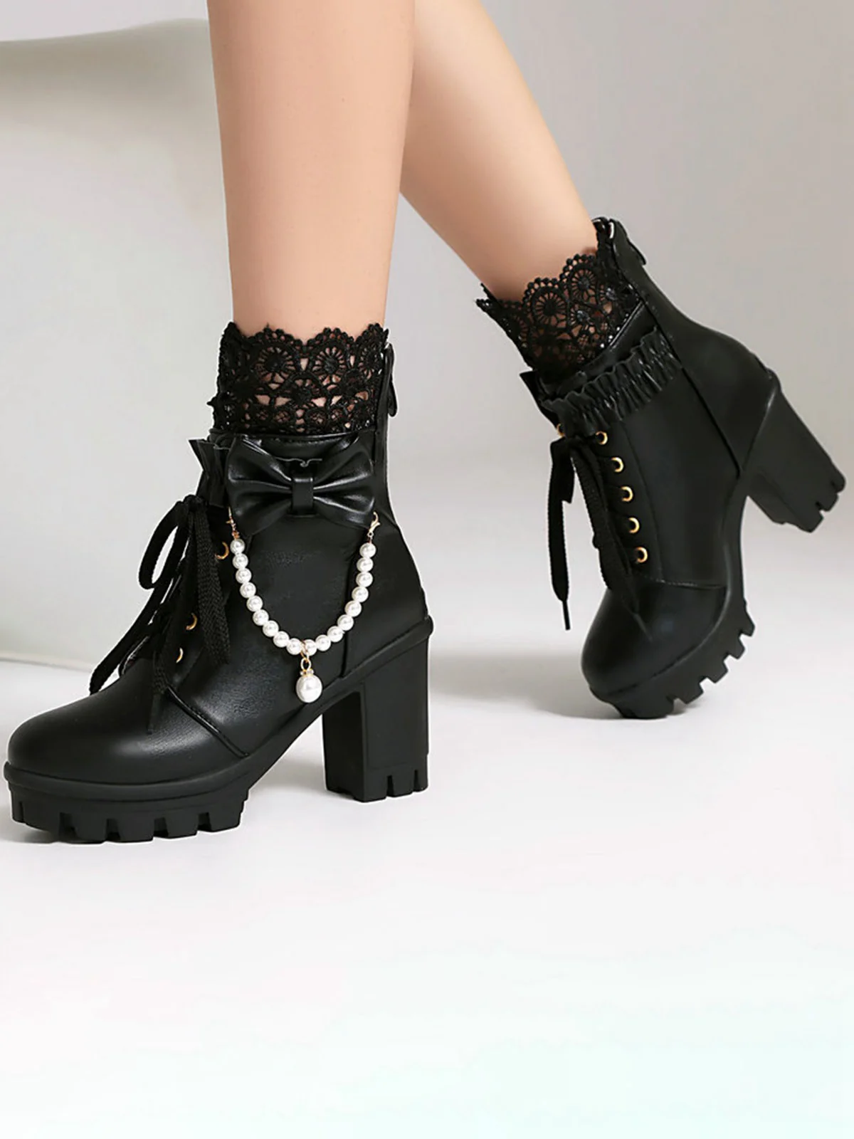 Vintage Lace Beaded Bow Chunky Heels Boots - Image 2