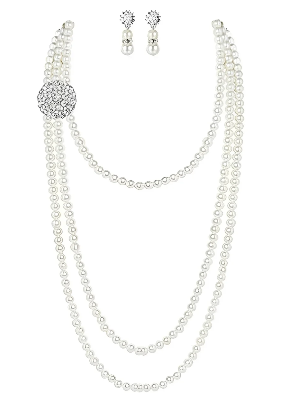 Vintage Layered Pearl Necklace & Earrings Set