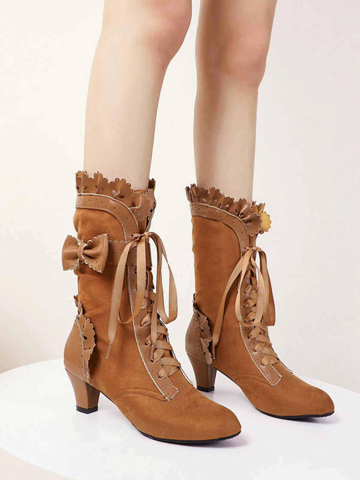 Vintage Leather Petal Edge Lace-Up Boots - Image 2