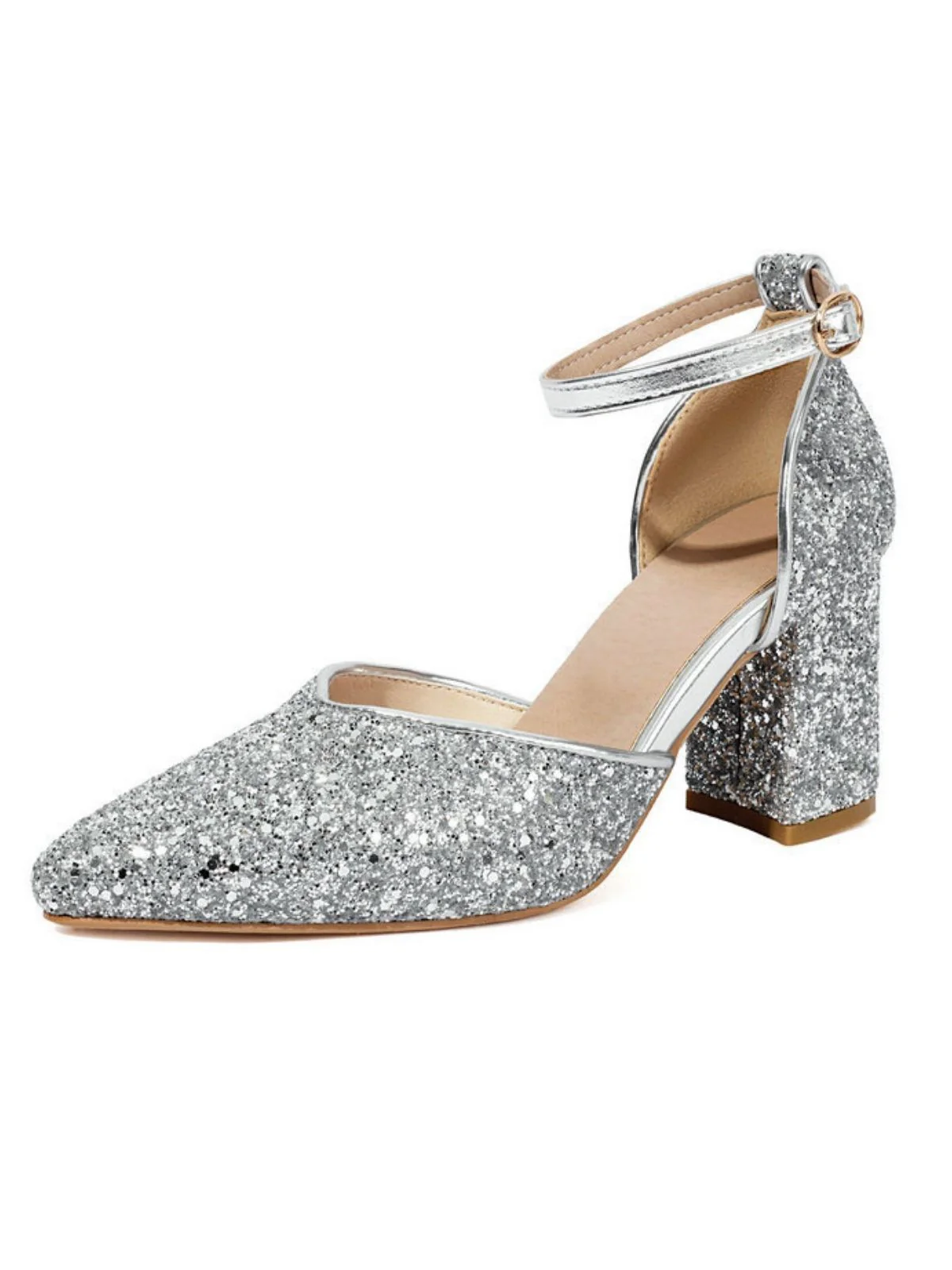 Vintage Pointed Toe Glitter Chunky Heel Pumps