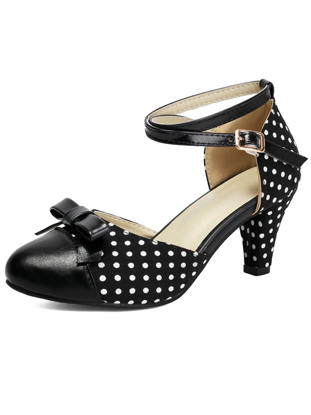 Vintage Pointed Toe Polka Dot Bow Chunky Heels