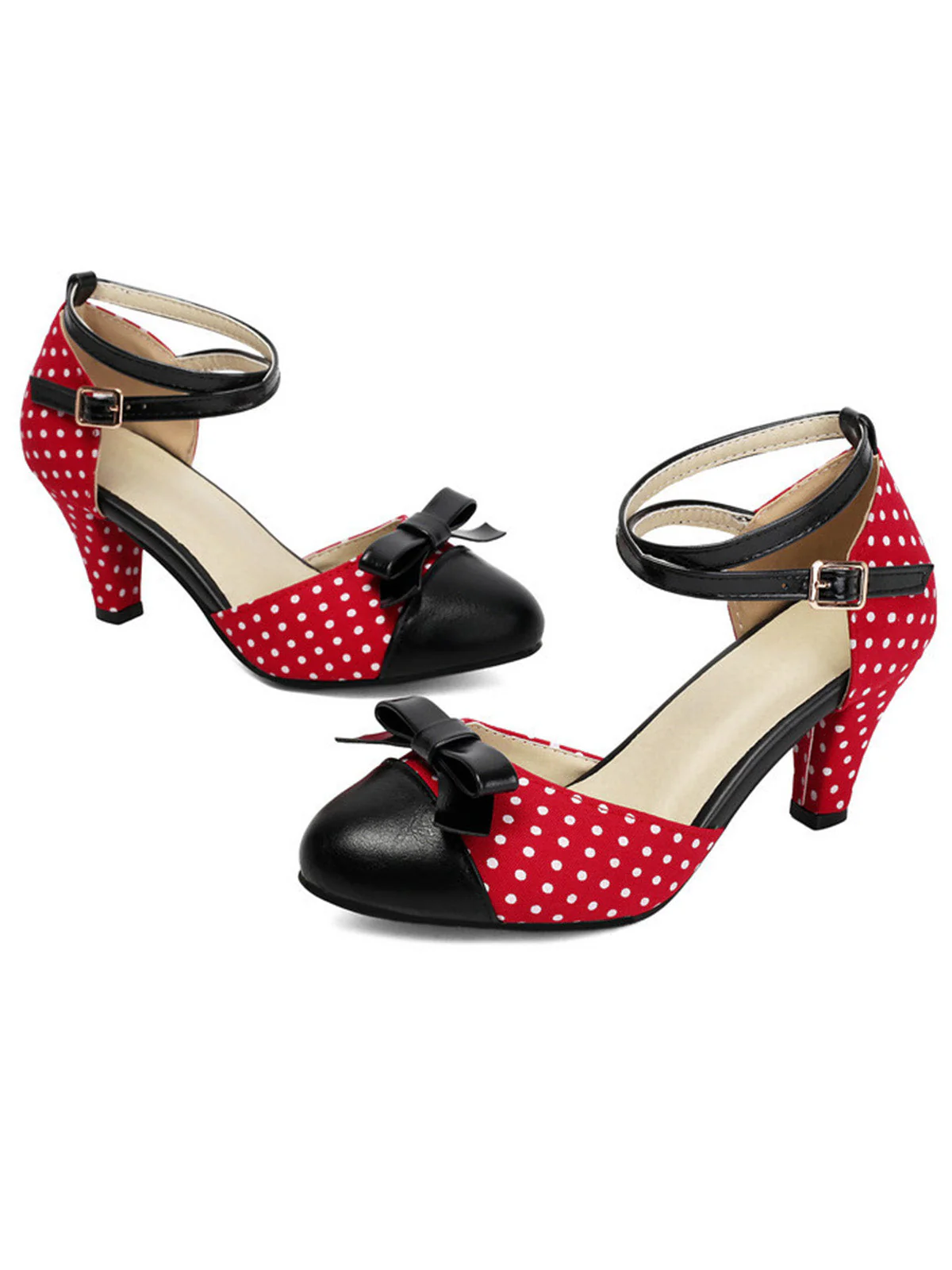 Vintage Pointed Toe Polka Dot Bow Chunky Heels - Image 11