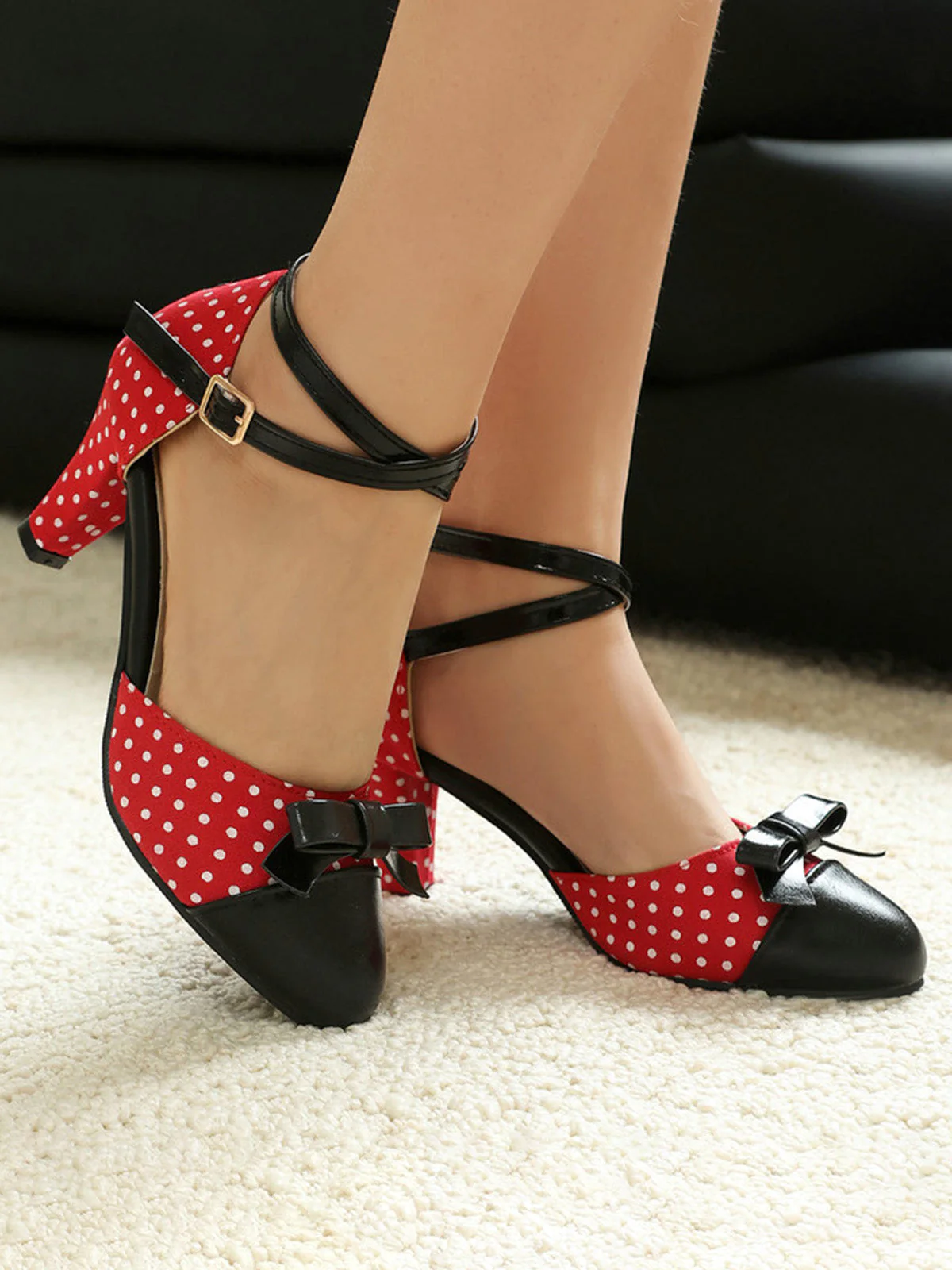 Vintage Pointed Toe Polka Dot Bow Chunky Heels - Image 12