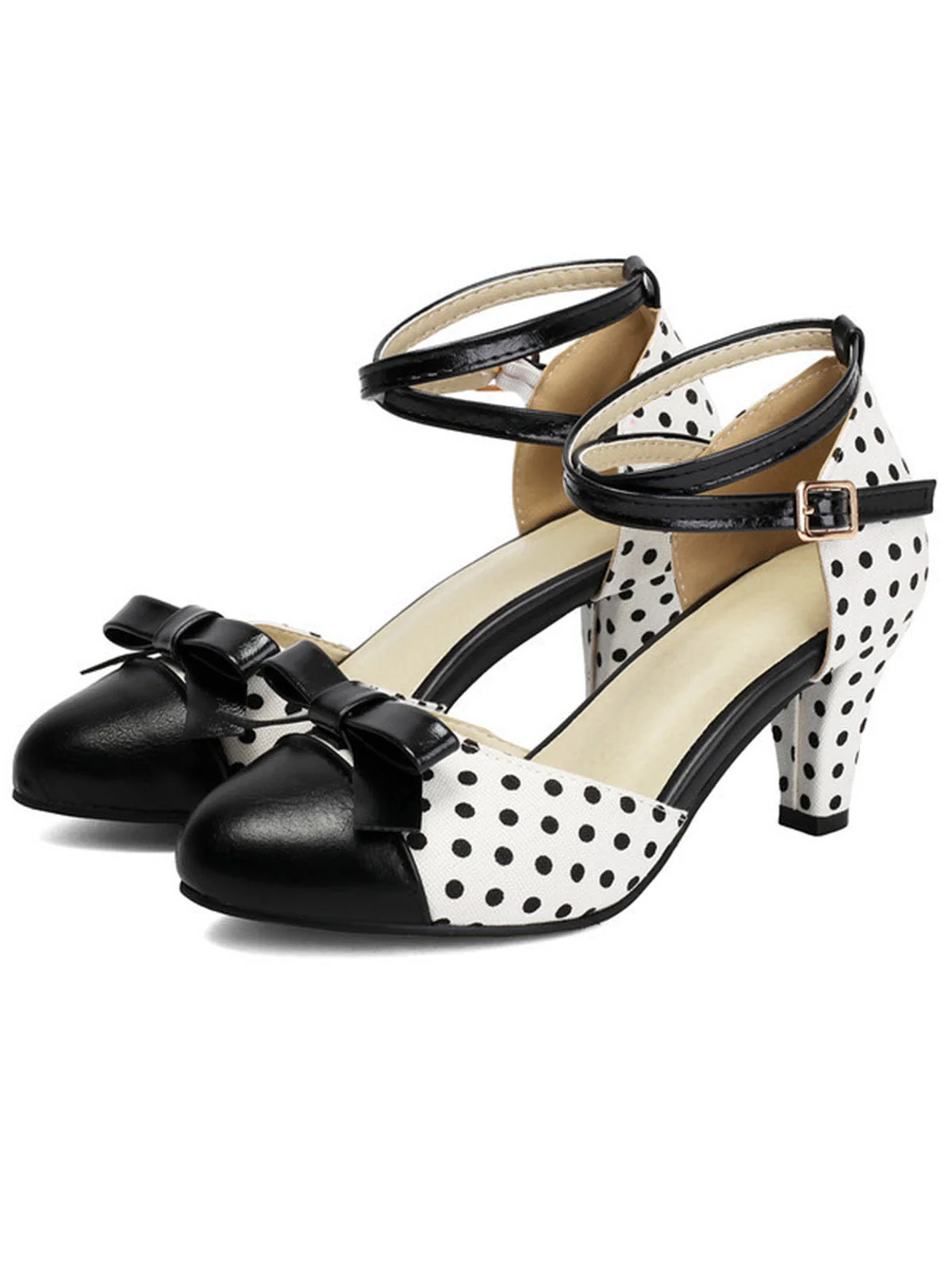 Vintage Pointed Toe Polka Dot Bow Chunky Heels - Image 14