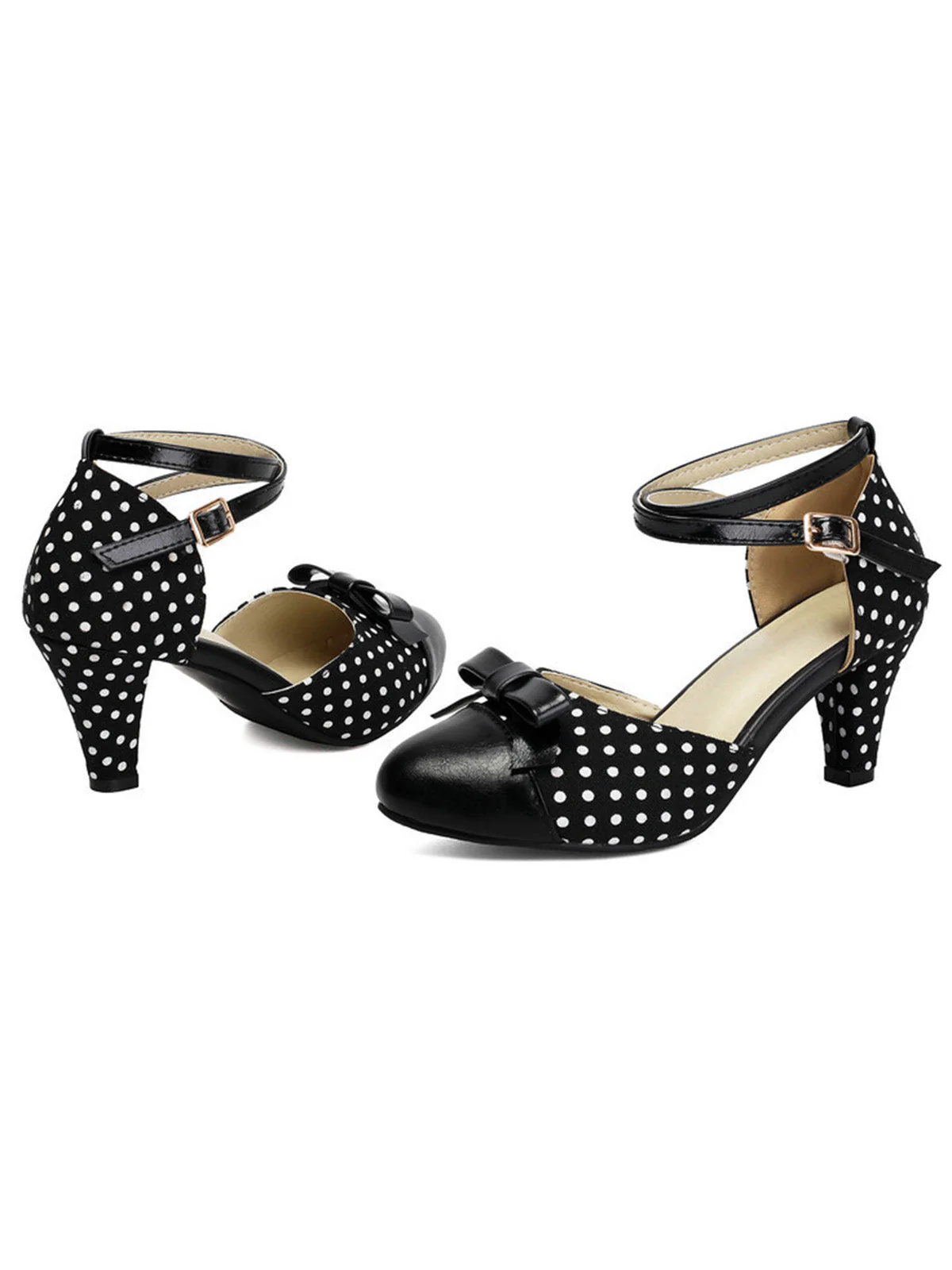Vintage Pointed Toe Polka Dot Bow Chunky Heels - Image 2