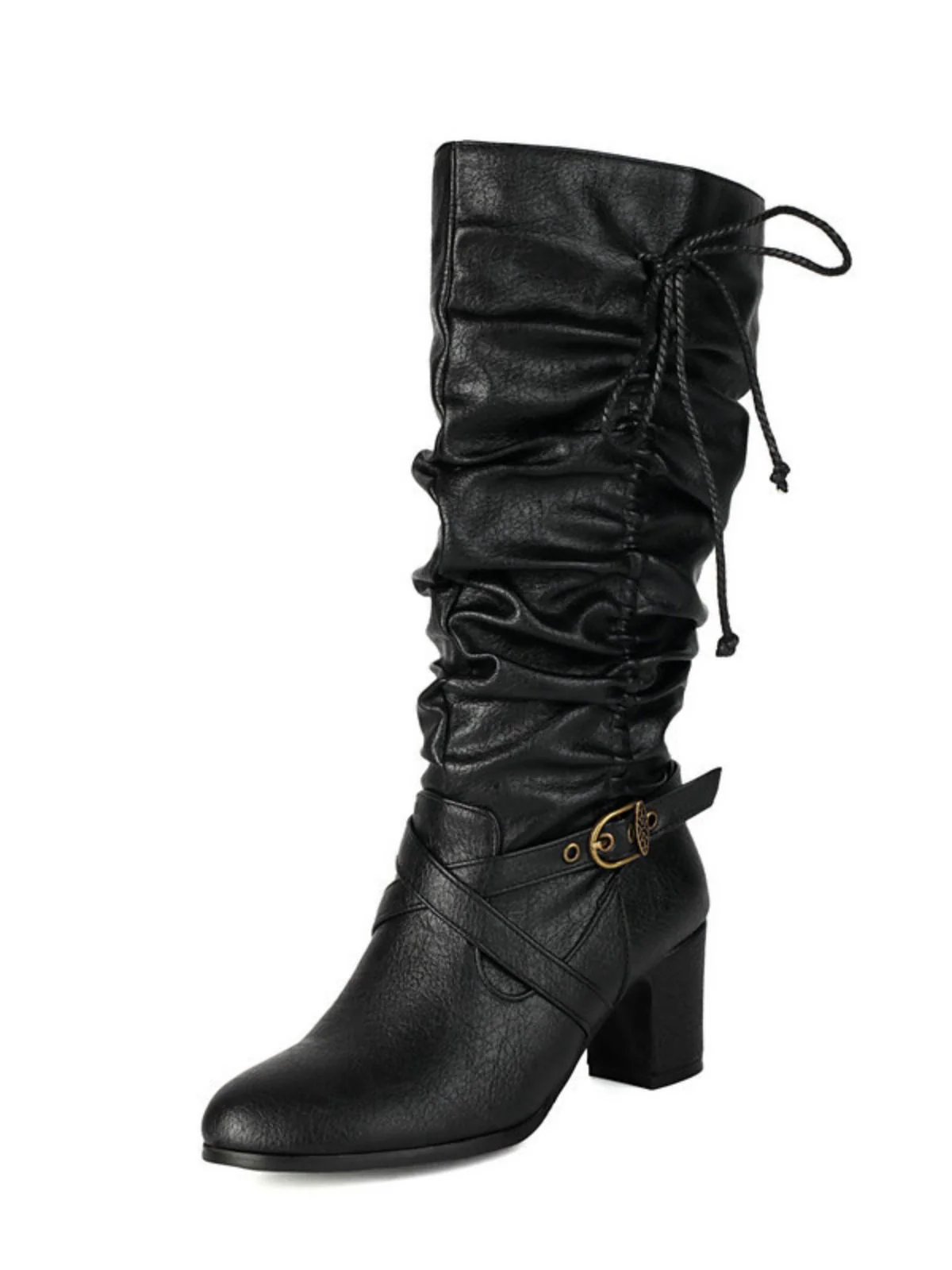 Vintage Solid Buckle Ruched Chunky Heels Boots
