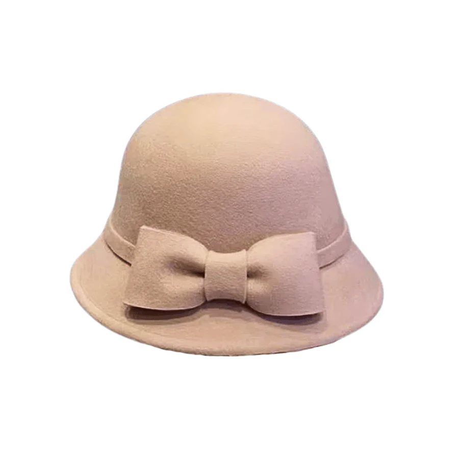 Vintage Solid Faux Wool Bowknot Cloche Hat