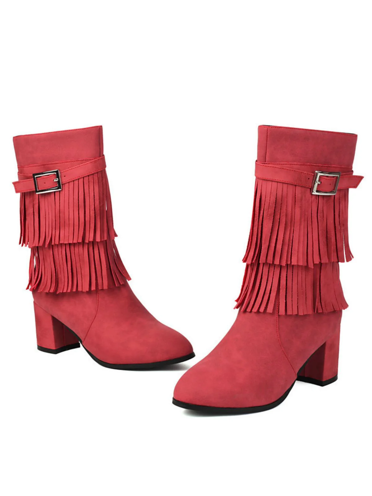 Vintage Solid Fringe Suede Chunky High Heel Boots