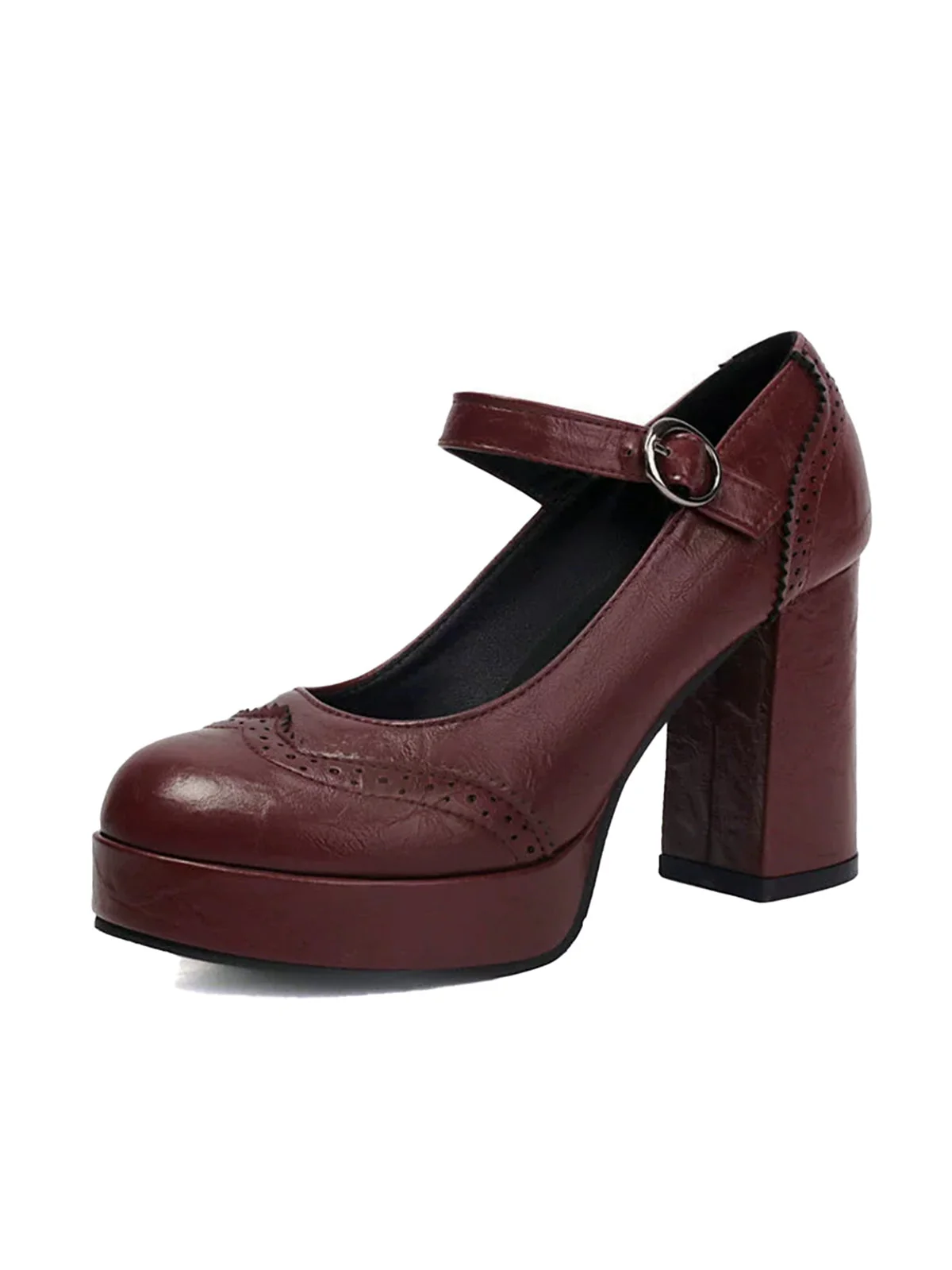 Vintage Solid Round Toe Buckle Chunky Heels - Image 15