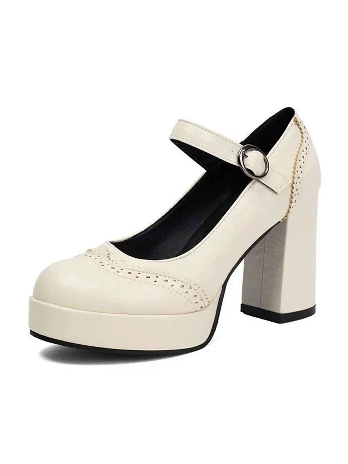 Vintage Solid Round Toe Buckle Chunky Heels - Image 29