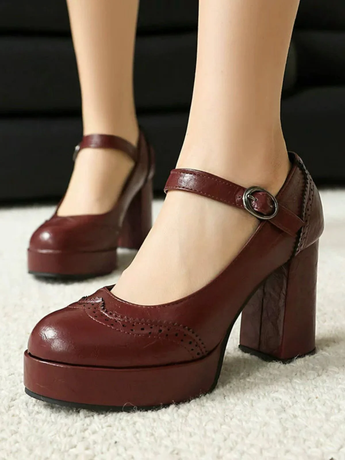 Vintage Solid Round Toe Buckle Chunky Heels - Image 6