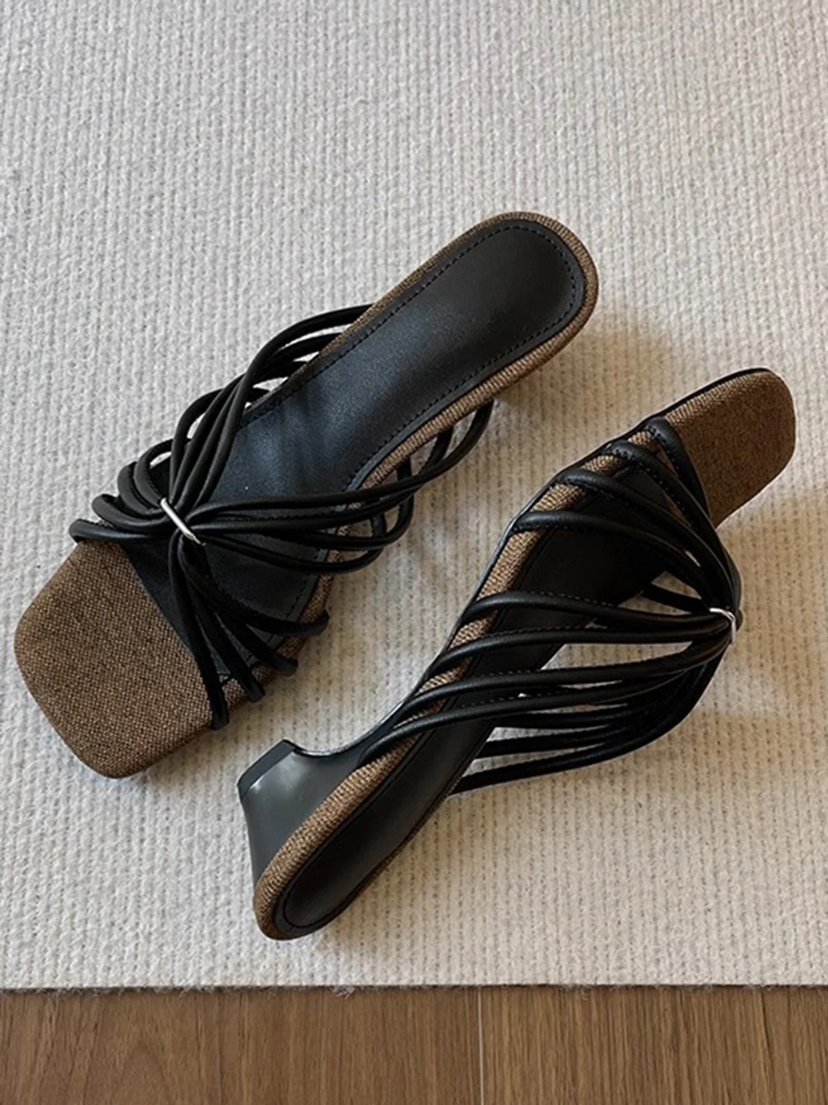 Vintage Strappy Square Toe Block Heel Slide Sandals