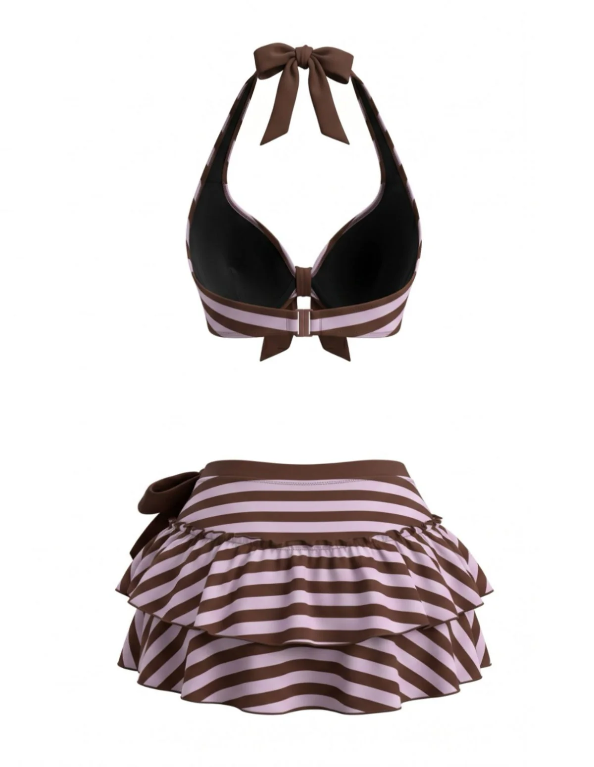 [Pre-Sale] Violet 1950s Striped Halter Bow Ruffle Bikini Set - Image 2