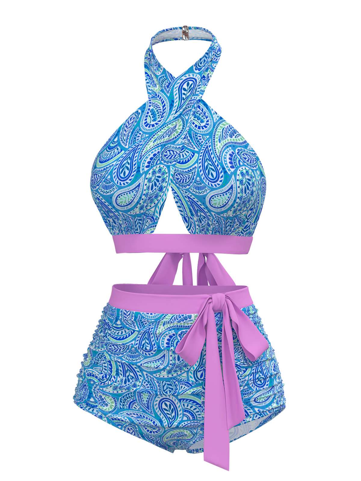 Violet 1970s Paisley Print Cross-Halter Swimsuit - Image 2