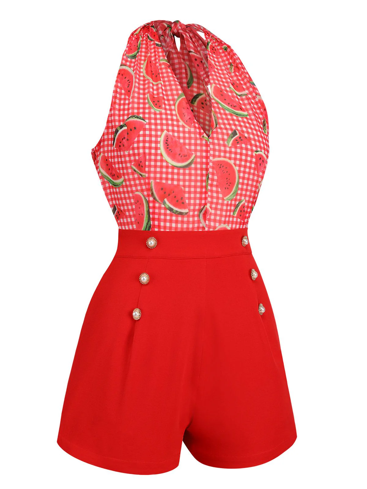 Watermelon Red 1950s Halter Patchwork Romper - Image 4