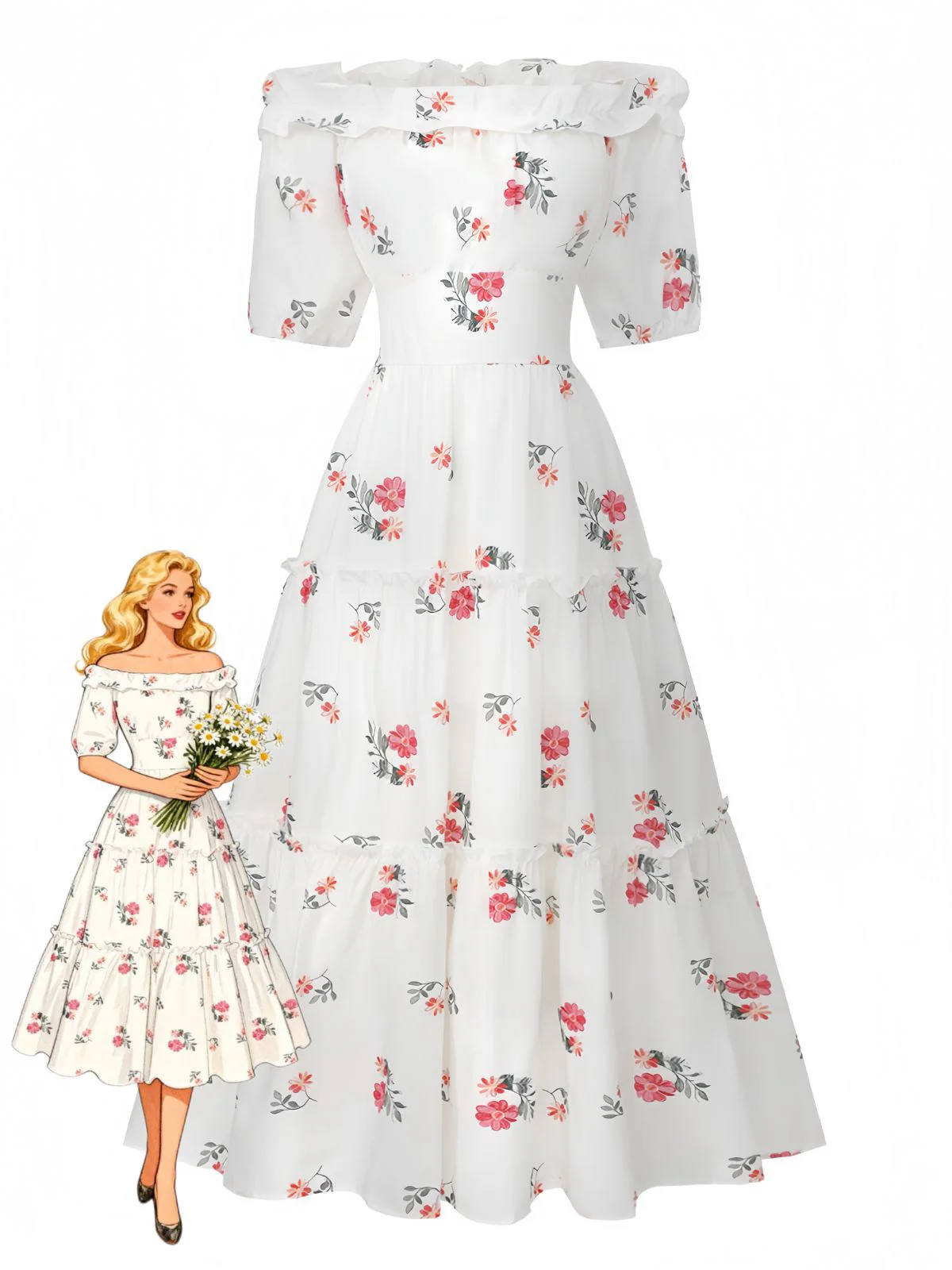 White 1930s Floral Ruffled Off-Shoulder Puff Dress