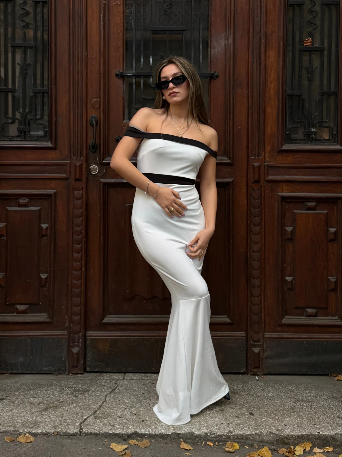 White 1930s Off-Shoulder Fishtail Dress