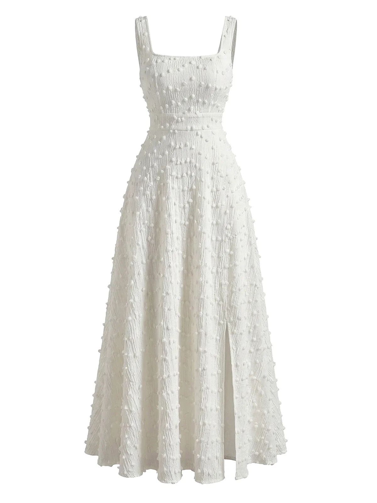 White 1930s Swiss Dot Textured Square Neck Dress - Image 2
