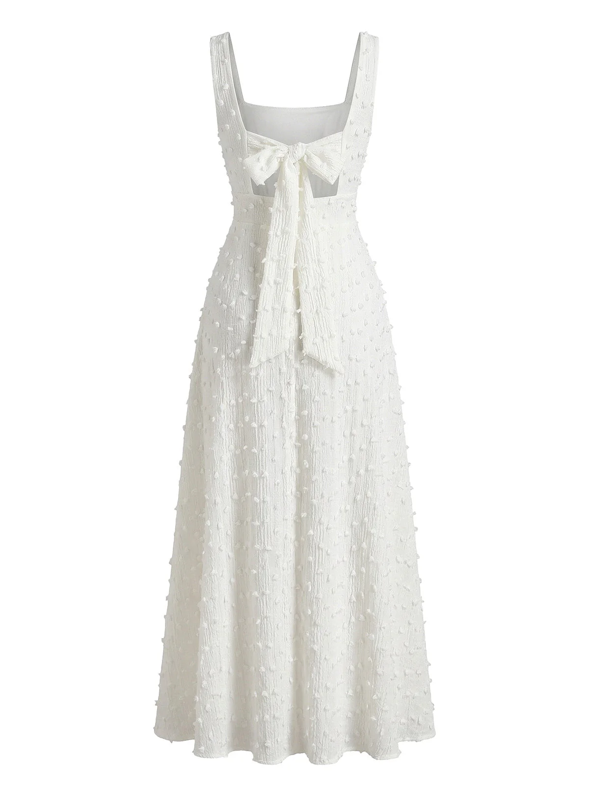 White 1930s Swiss Dot Textured Square Neck Dress - Image 3