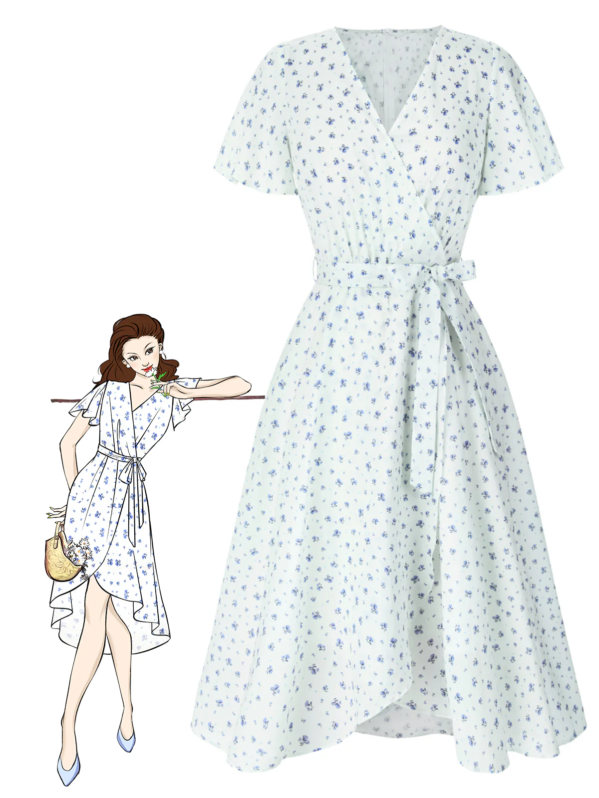 White 1940s Cotton Slanted Tie Floral Dress