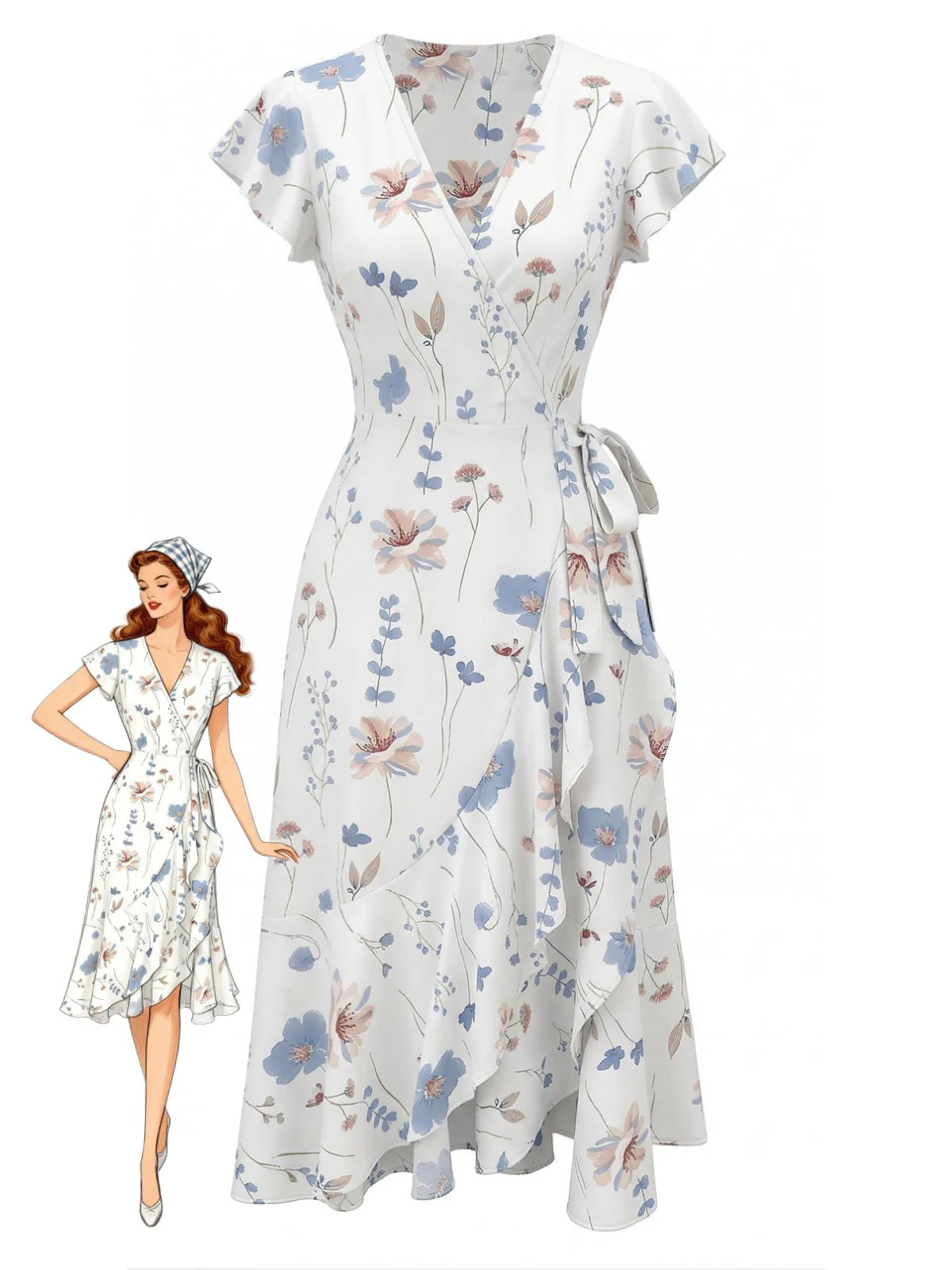 White 1940s Floral Print Flutter Sleeve V-Neck Wrap Dress