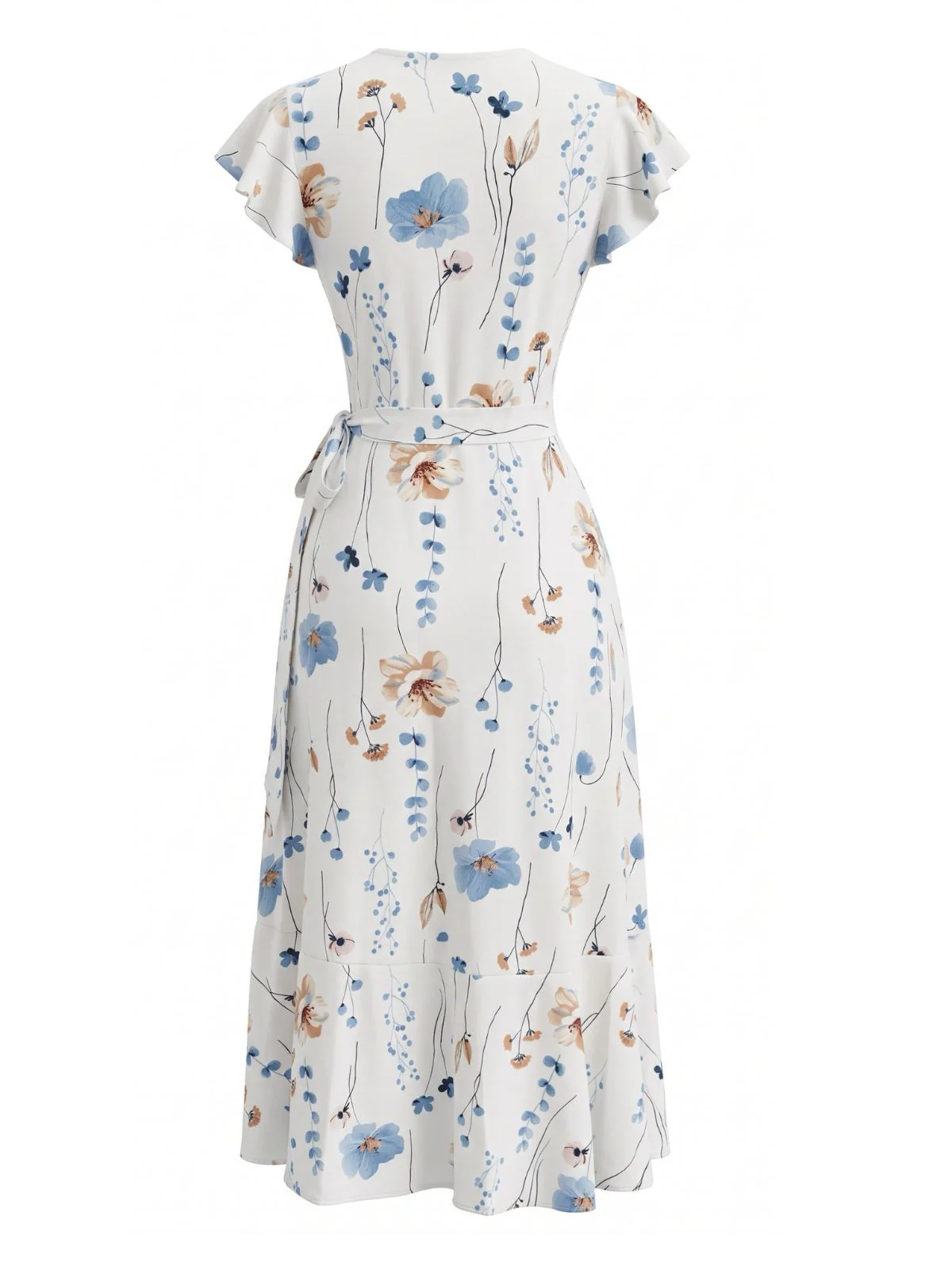 White 1940s Floral Print Flutter Sleeve V-Neck Wrap Dress - Image 3
