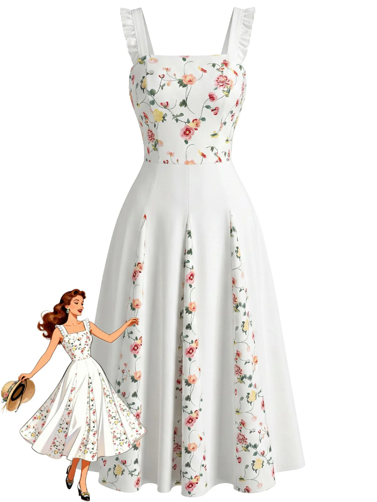White 1940s Floral Ruffle Strap Square Neck Swing Dress