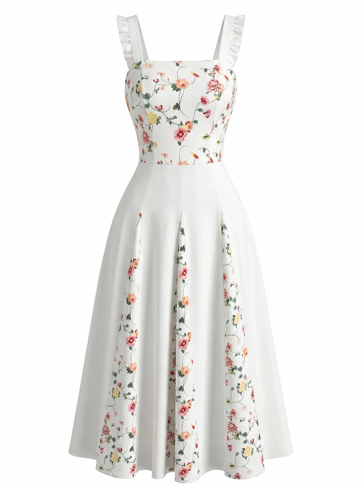 White 1940s Floral Ruffle Strap Square Neck Swing Dress - Image 2